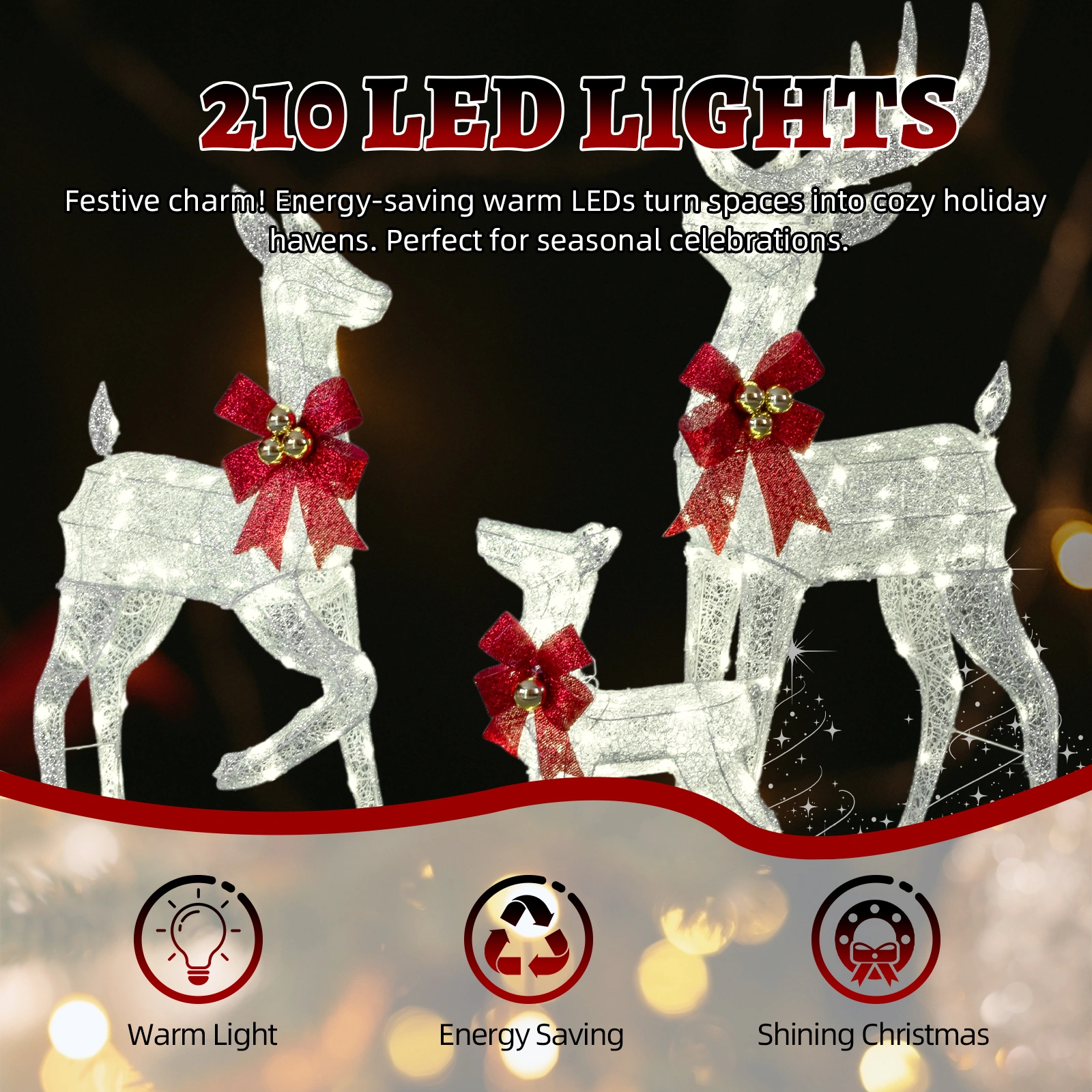 3-Piece Lighted Christmas Reindeer Family Set, 4FT Weather Proof Rattan Deer Decorations with 210 Warm White LED Lights, Outdoor Indoor Holiday Home Ornament, Silver view 2