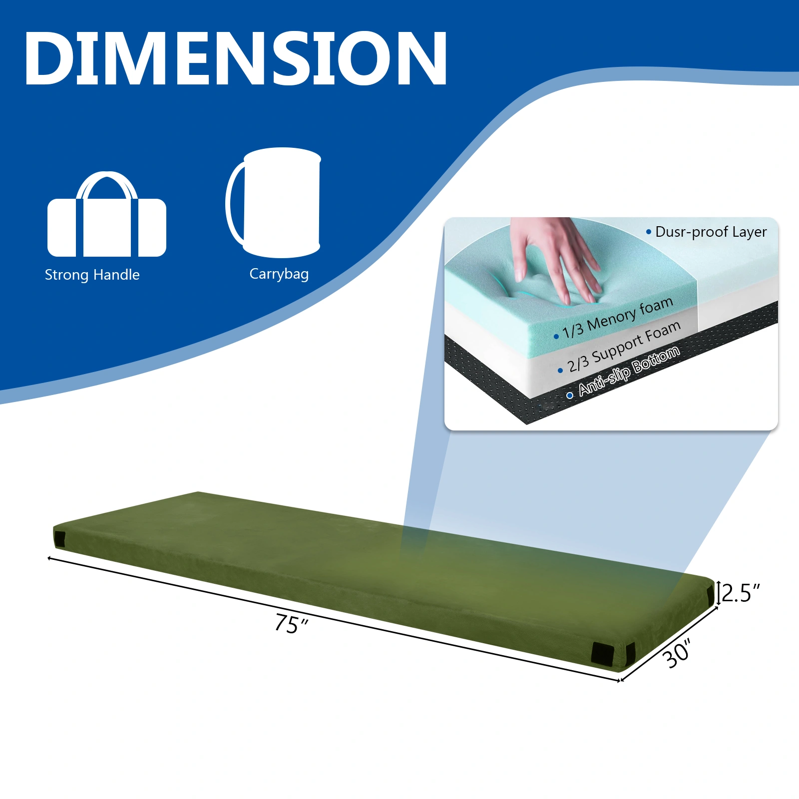 75"D x 30"W x 2.5"H sleeping mat for camping green view 11