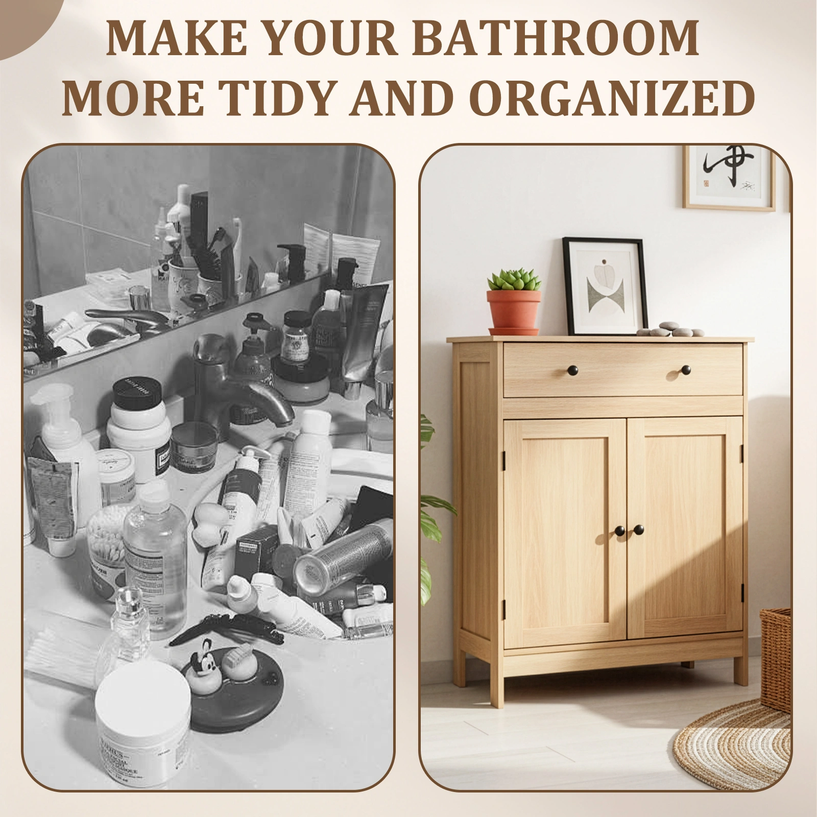 Natural wood color, particleboard with melamine veneer, 60*30*80cm, double doors, single drawer, bathroom vanity view 11