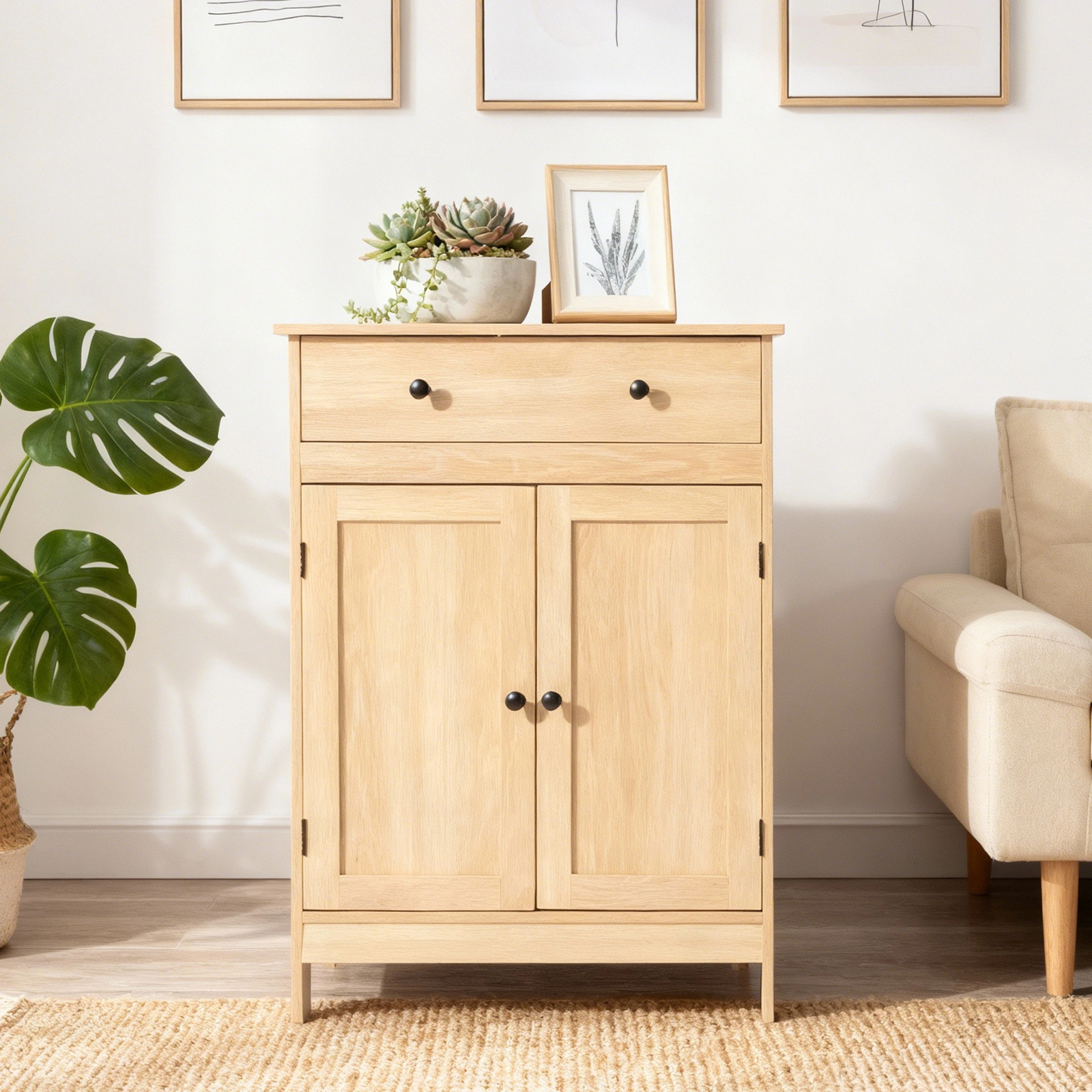 Natural wood color, particleboard with melamine veneer, 60*30*80cm, double doors, single drawer, bathroom vanity view 13