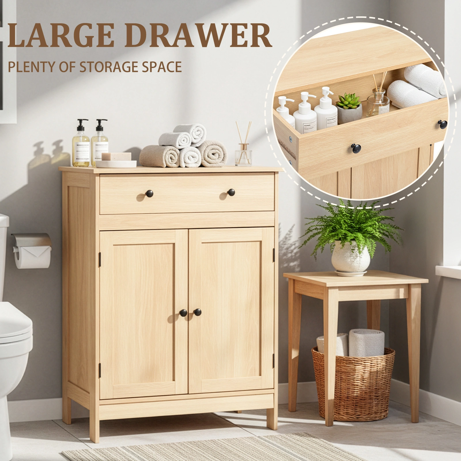 Natural wood color, particleboard with melamine veneer, 60*30*80cm, double doors, single drawer, bathroom vanity view 14