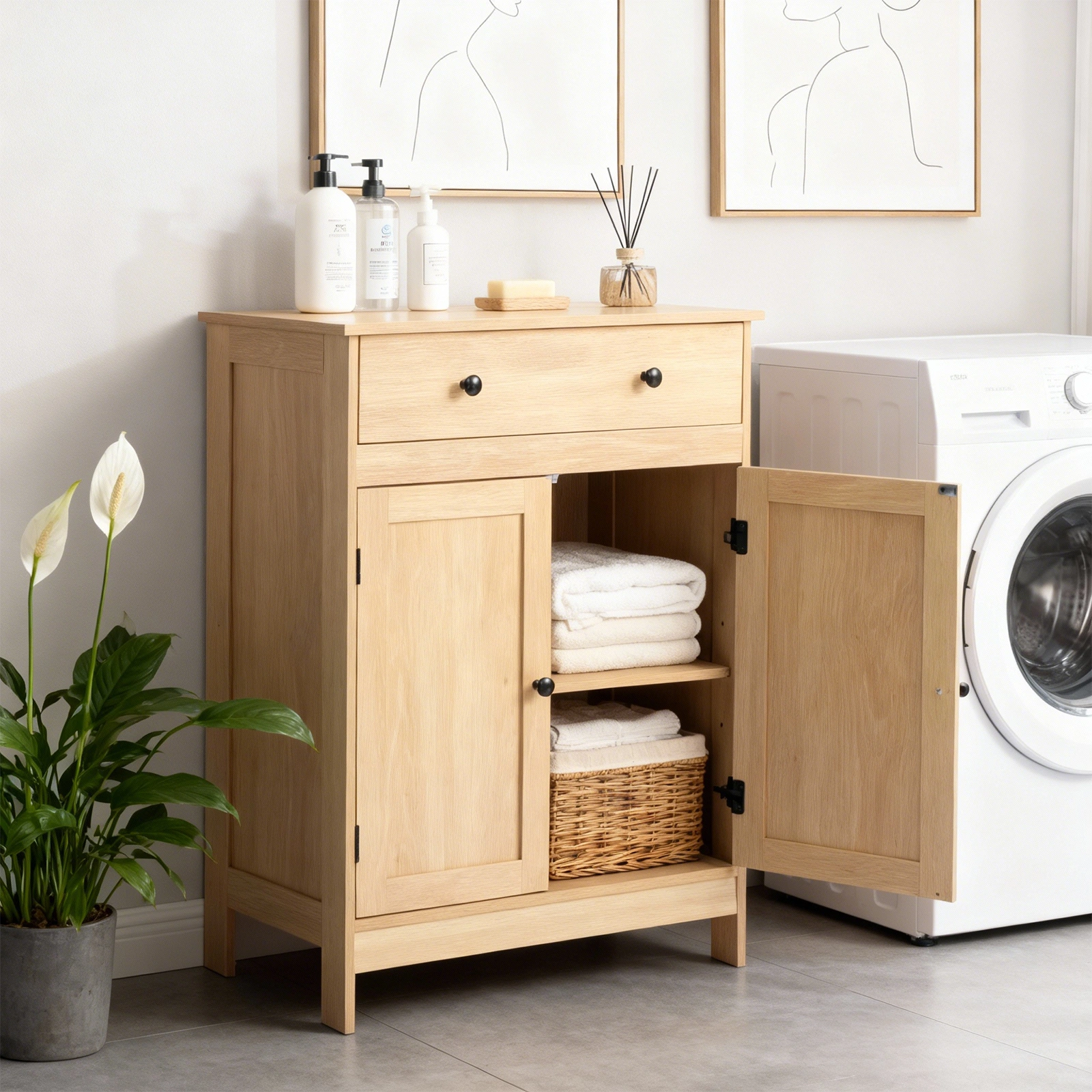 Natural wood color, particleboard with melamine veneer, 60*30*80cm, double doors, single drawer, bathroom vanity view 16