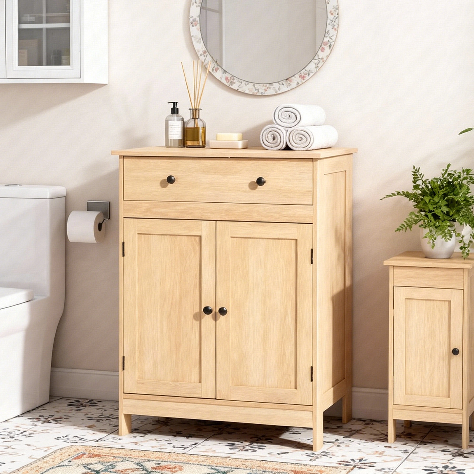 Natural wood color, particleboard with melamine veneer, 60*30*80cm, double doors, single drawer, bathroom vanity view 17