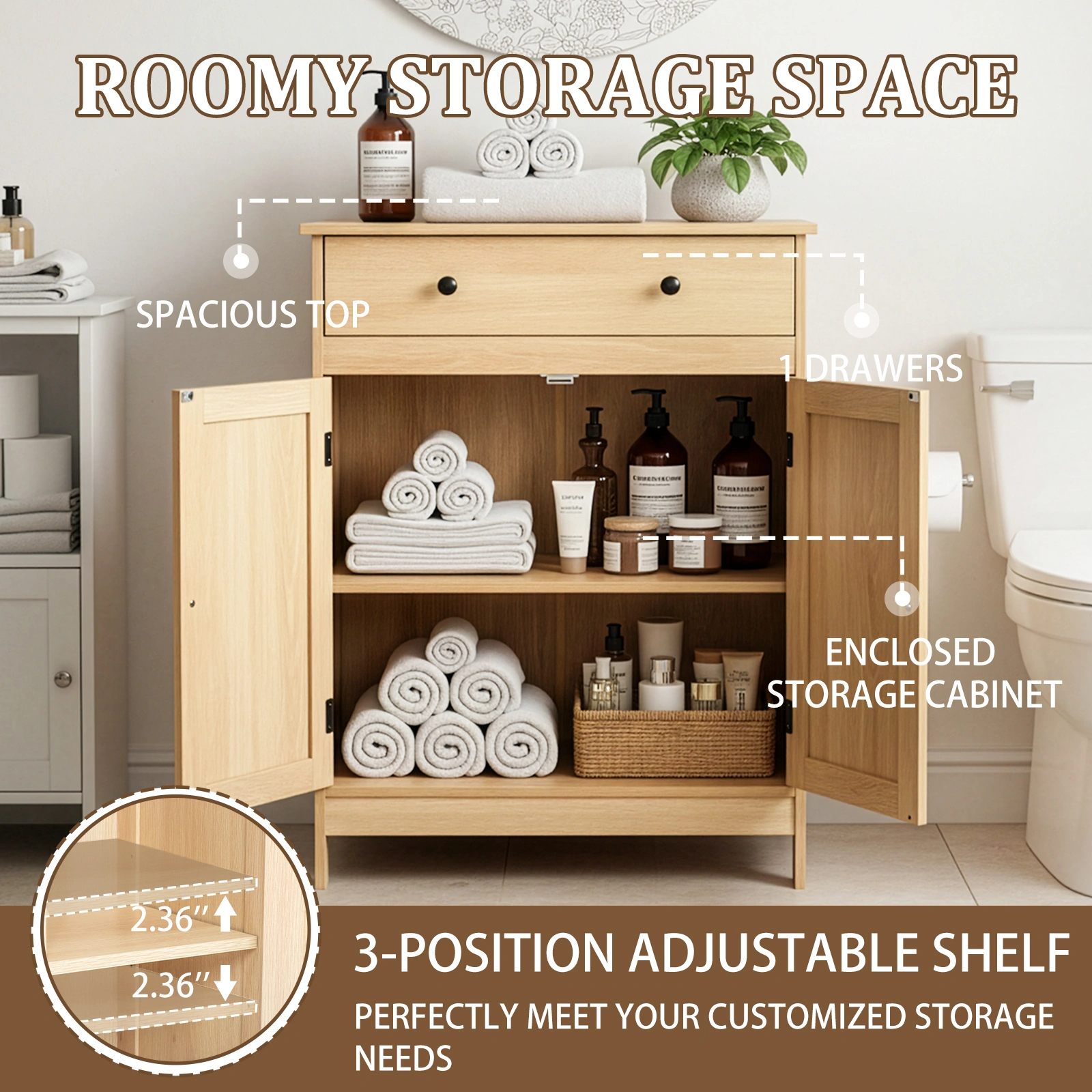 Natural wood color, particleboard with melamine veneer, 60*30*80cm, double doors, single drawer, bathroom vanity view 7