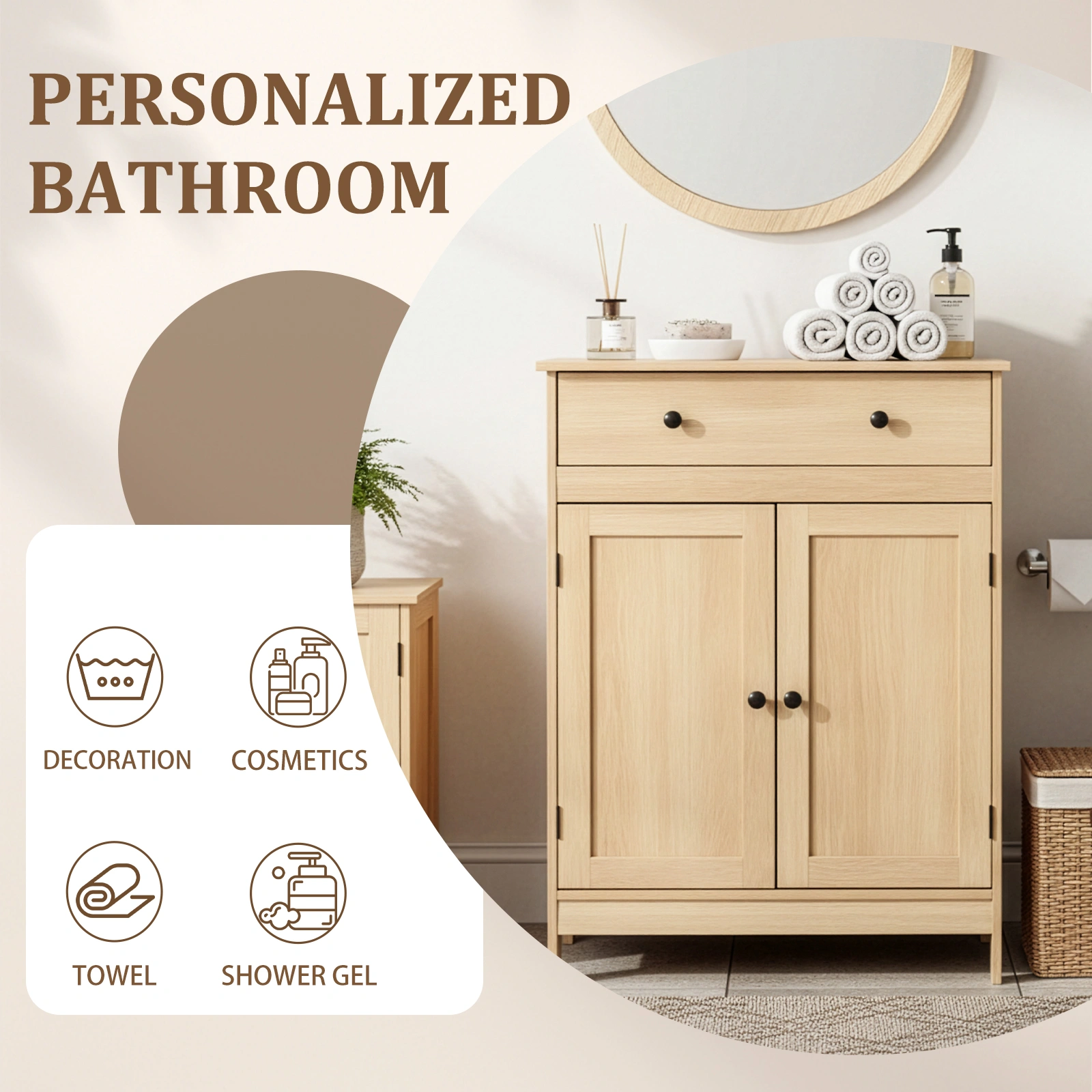 Natural wood color, particleboard with melamine veneer, 60*30*80cm, double doors, single drawer, bathroom vanity view 8