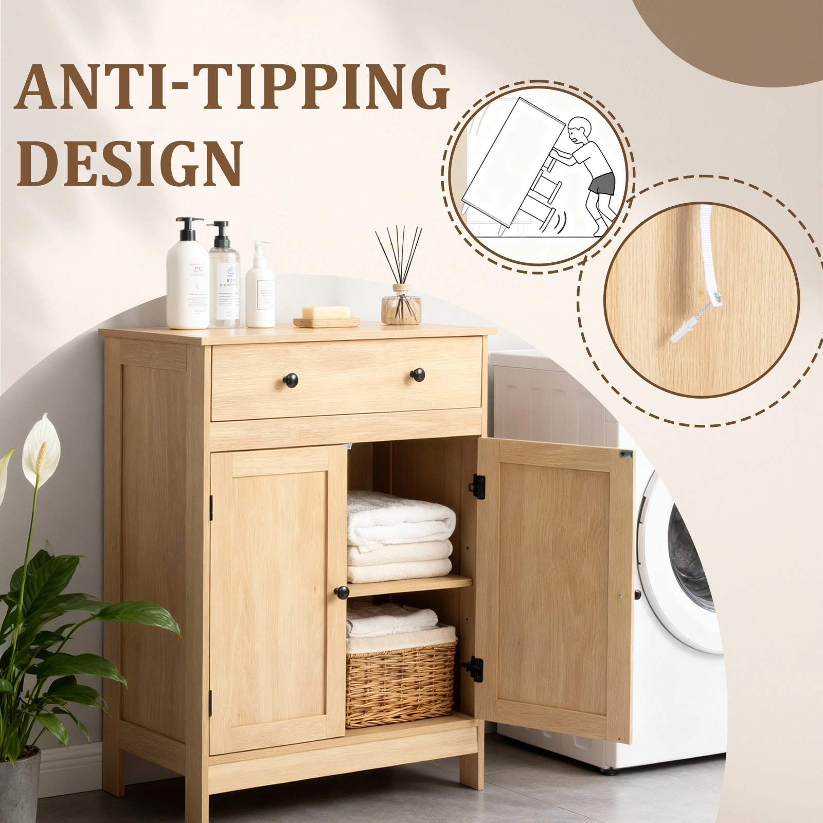 Natural wood color, particleboard with melamine veneer, 60*30*80cm, double doors, single drawer, bathroom vanity view 9