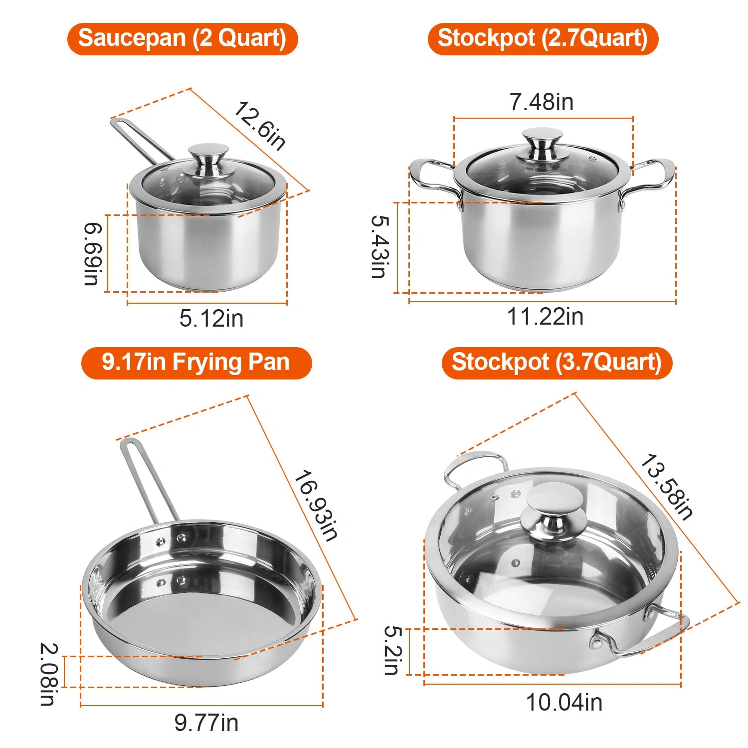 Stainless Steel Cookware Set Fast Even Heat Induction Pots Pans Set Dishwasher Safe with 2.7/3.7 Quart Stockpot 2 Quart Saucepan 9.17in Frying Pan(No shipments on weekends) view 12