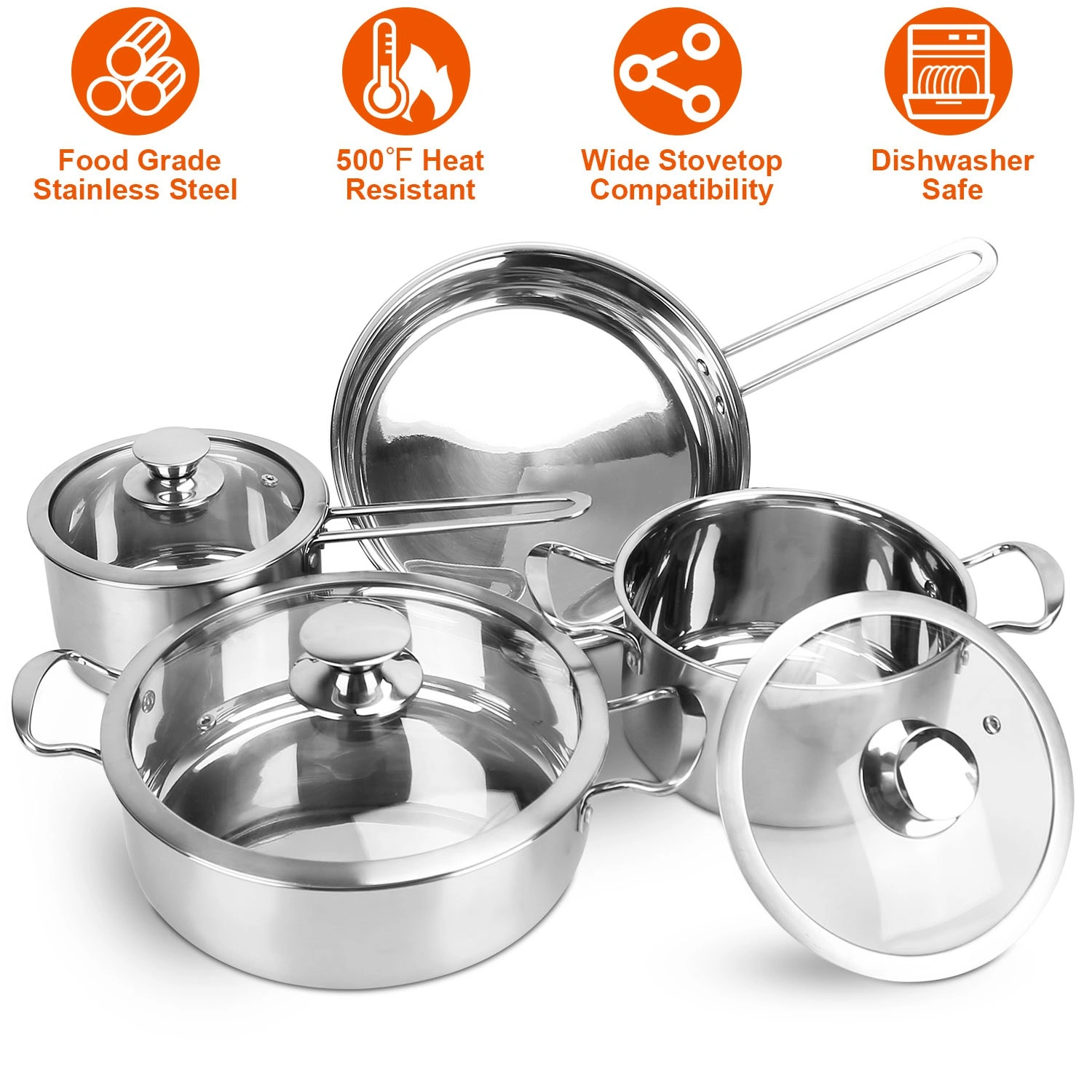 Stainless Steel Cookware Set Fast Even Heat Induction Pots Pans Set Dishwasher Safe with 2.7/3.7 Quart Stockpot 2 Quart Saucepan 9.17in Frying Pan(No shipments on weekends) view 2