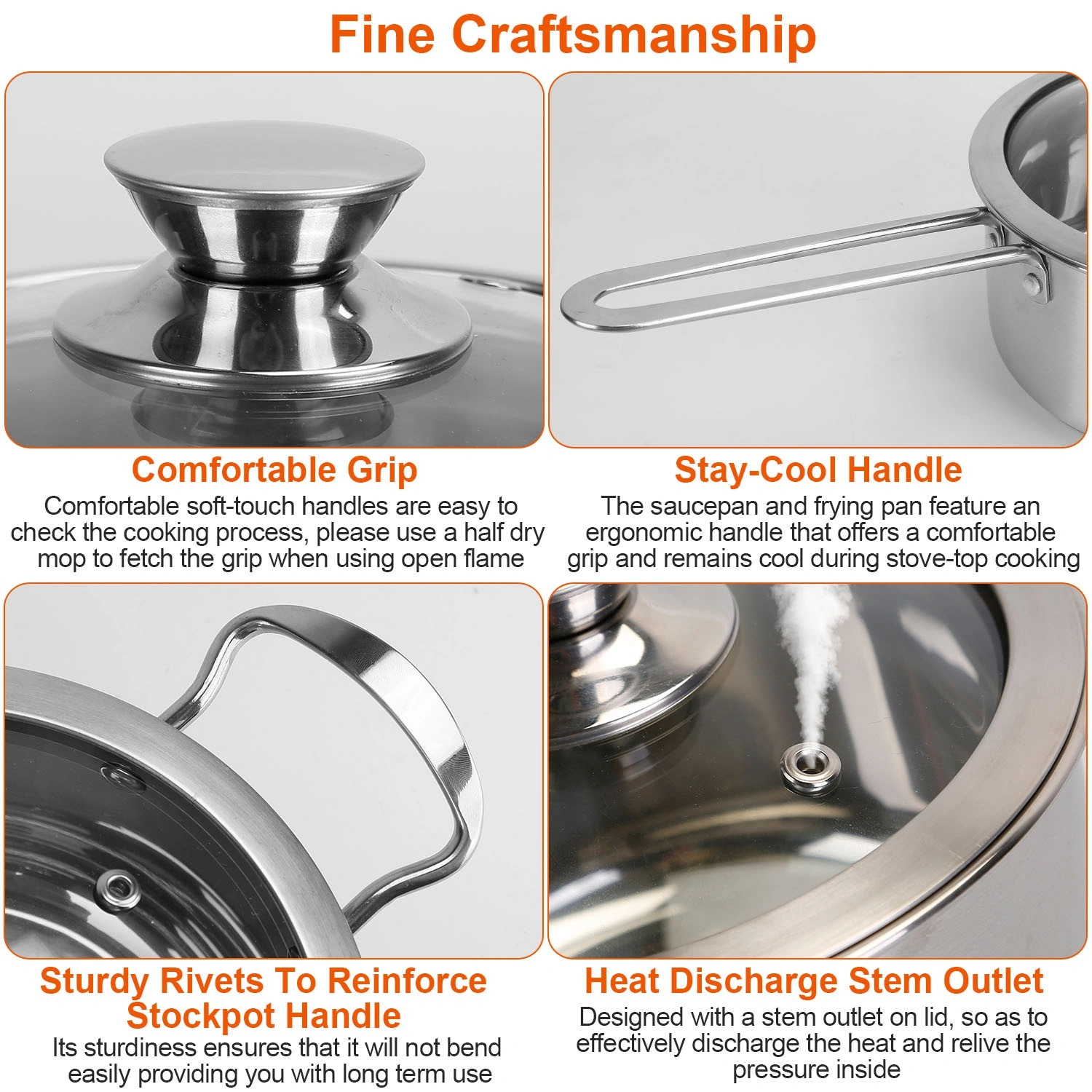 Stainless Steel Cookware Set Fast Even Heat Induction Pots Pans Set Dishwasher Safe with 2.7/3.7 Quart Stockpot 2 Quart Saucepan 9.17in Frying Pan(No shipments on weekends) view 5