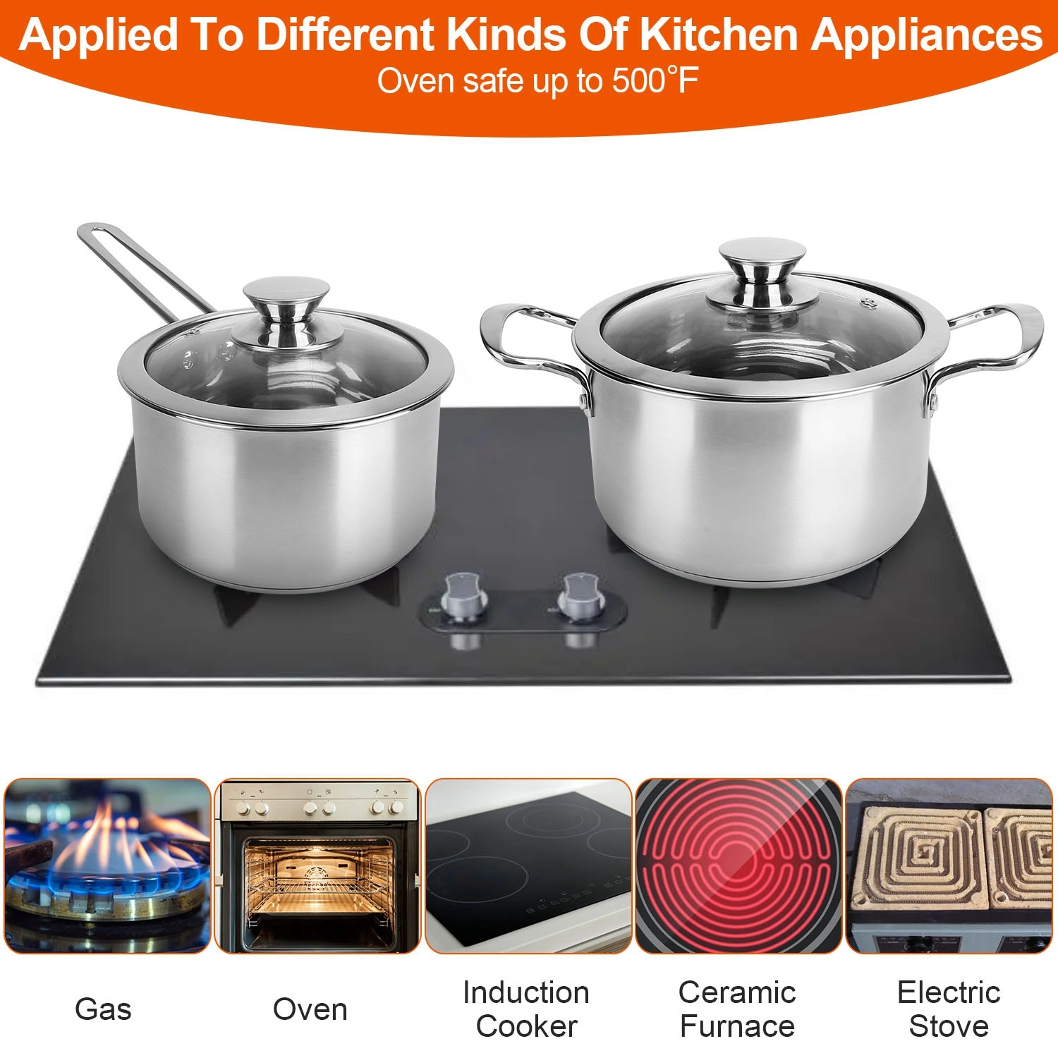 Stainless Steel Cookware Set Fast Even Heat Induction Pots Pans Set Dishwasher Safe with 2.7/3.7 Quart Stockpot 2 Quart Saucepan 9.17in Frying Pan(No shipments on weekends) view 6