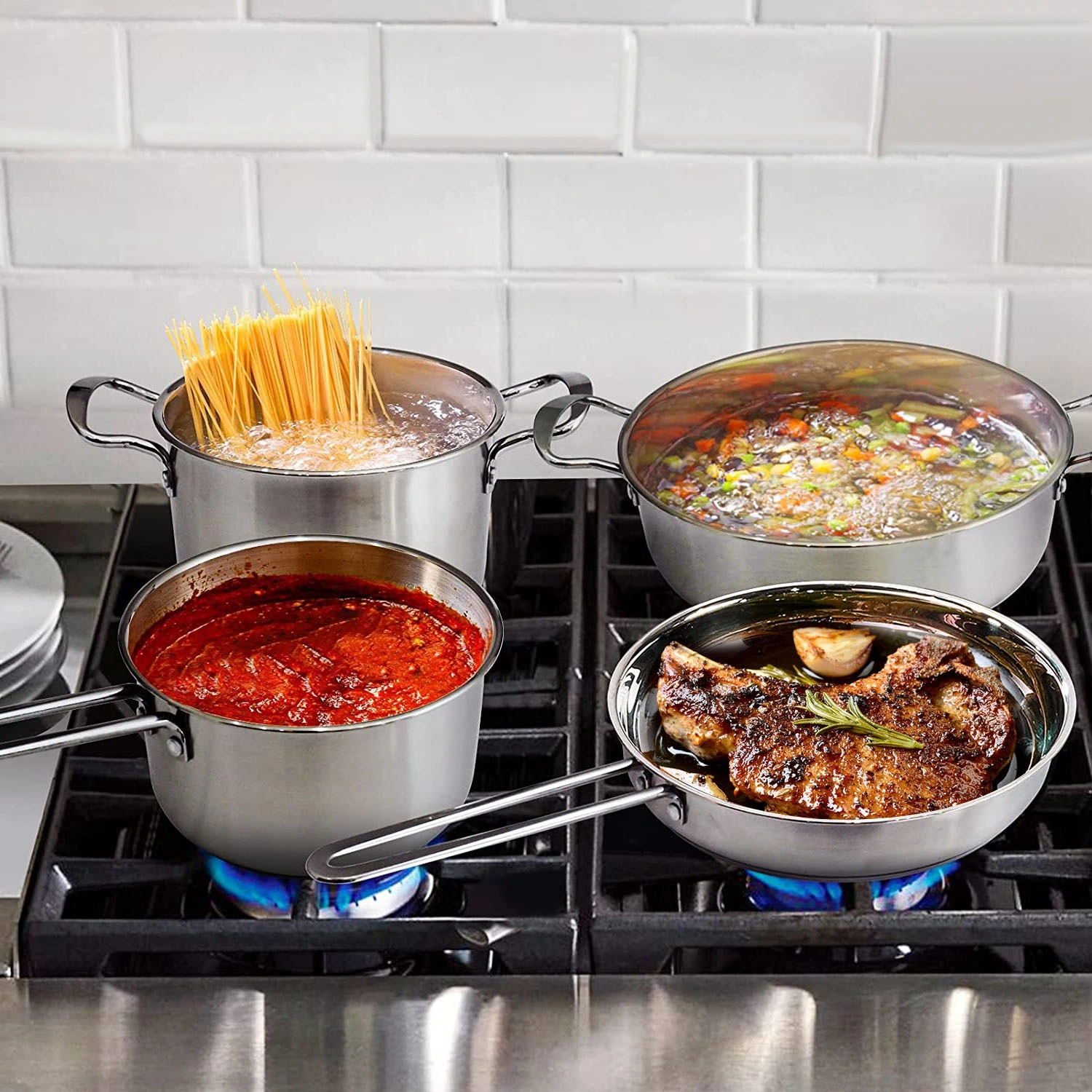 Stainless Steel Cookware Set Fast Even Heat Induction Pots Pans Set Dishwasher Safe with 2.7/3.7 Quart Stockpot 2 Quart Saucepan 9.17in Frying Pan(No shipments on weekends) view 8