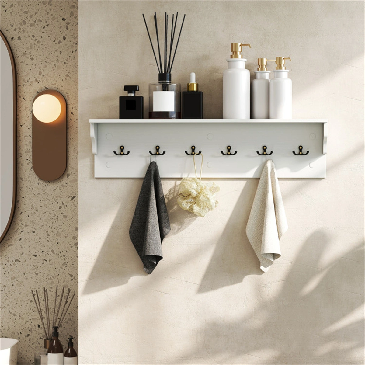 Wall Mount Coat Rack with Shelf - 31.5"x5.5"x8", 6 Hooks & 110LBS Capacity (White) view 10