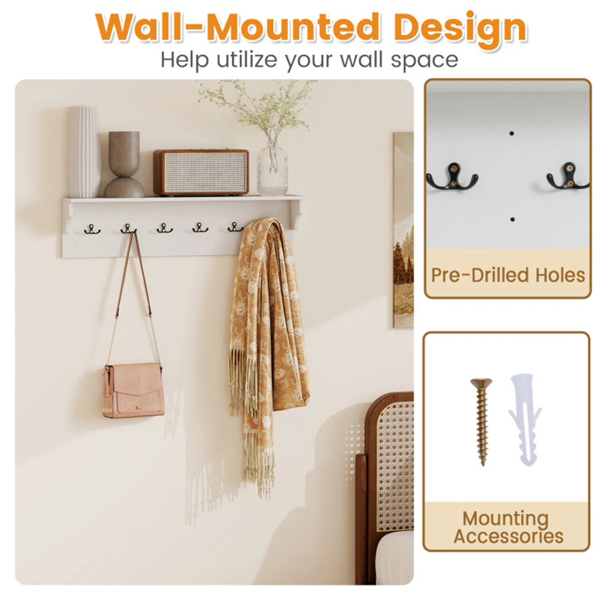 Wall Mount Coat Rack with Shelf - 31.5"x5.5"x8", 6 Hooks & 110LBS Capacity (White) view 7