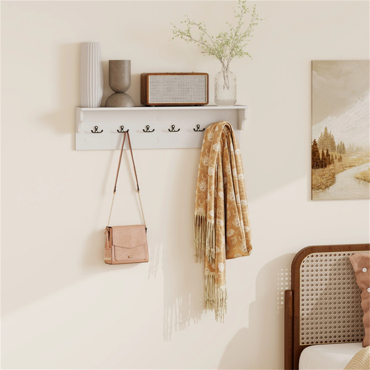 Wall Mount Coat Rack with Shelf - 31.5"x5.5"x8", 6 Hooks & 110LBS Capacity (White) view 8