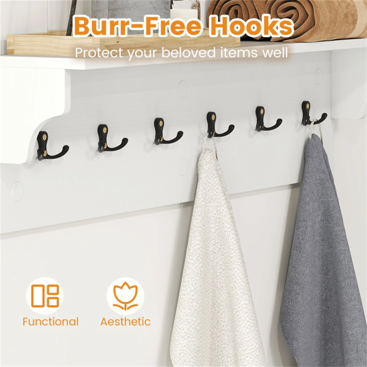 Wall Mount Coat Rack with Shelf - 31.5"x5.5"x8", 6 Hooks & 110LBS Capacity (White) view 9