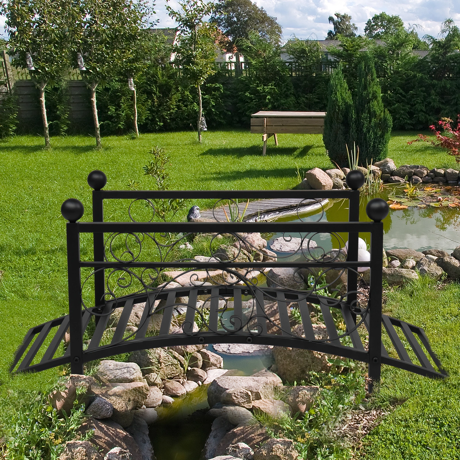 102*51*43cm Garden With Round Iron Ball Flat Top Handrail Garden Iron Bridge Black view 10