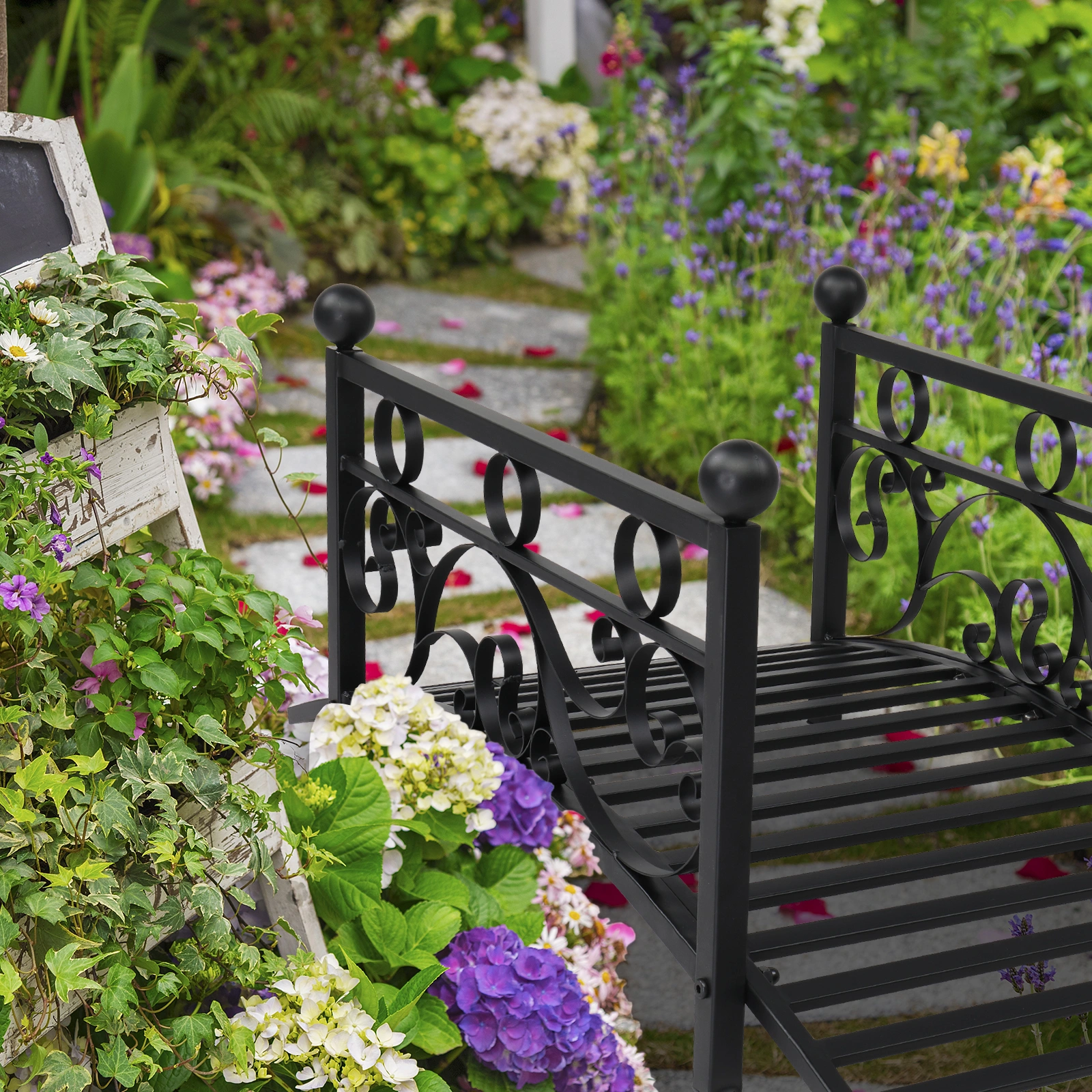 102*51*43cm Garden With Round Iron Ball Flat Top Handrail Garden Iron Bridge Black view 11