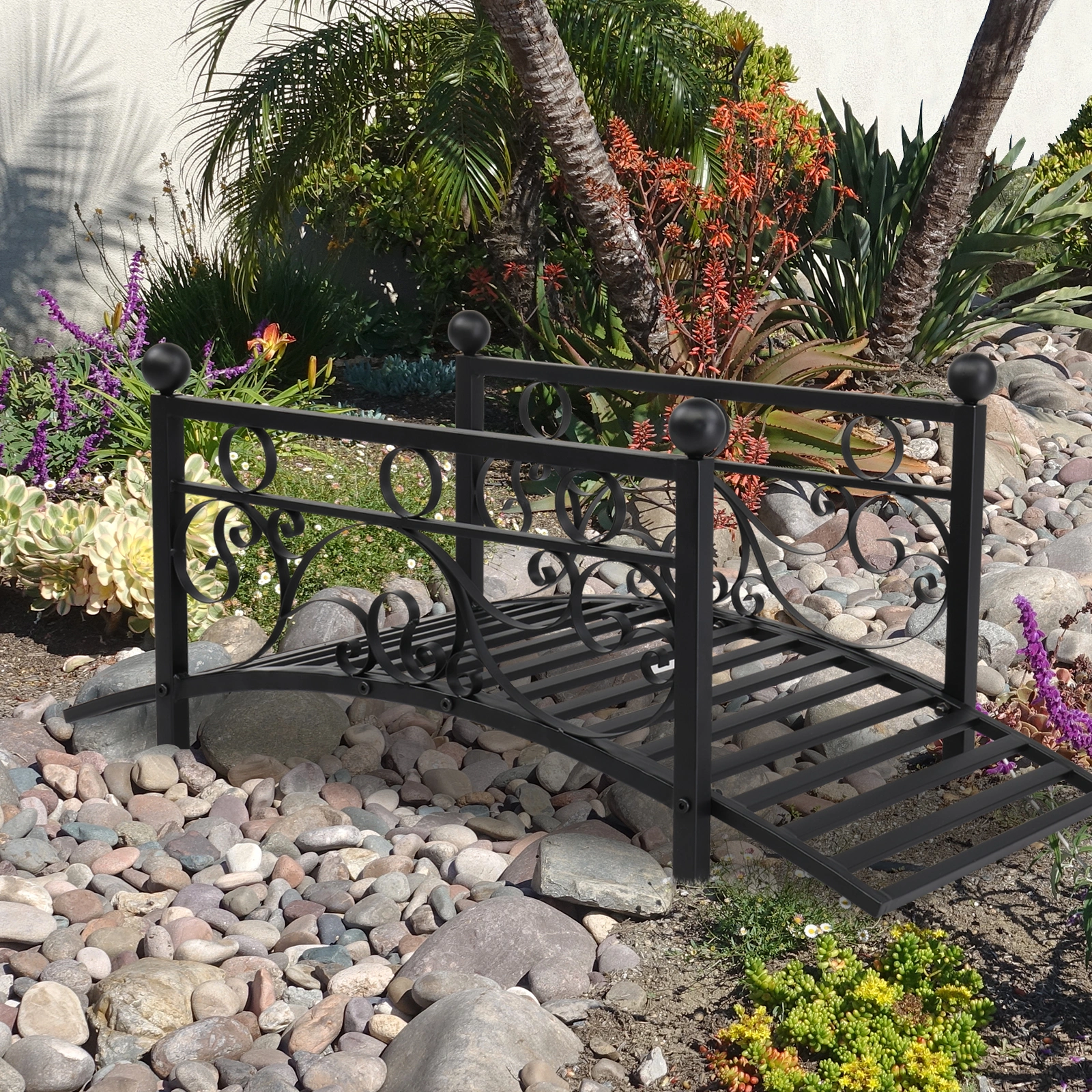 102*51*43cm Garden With Round Iron Ball Flat Top Handrail Garden Iron Bridge Black view 12