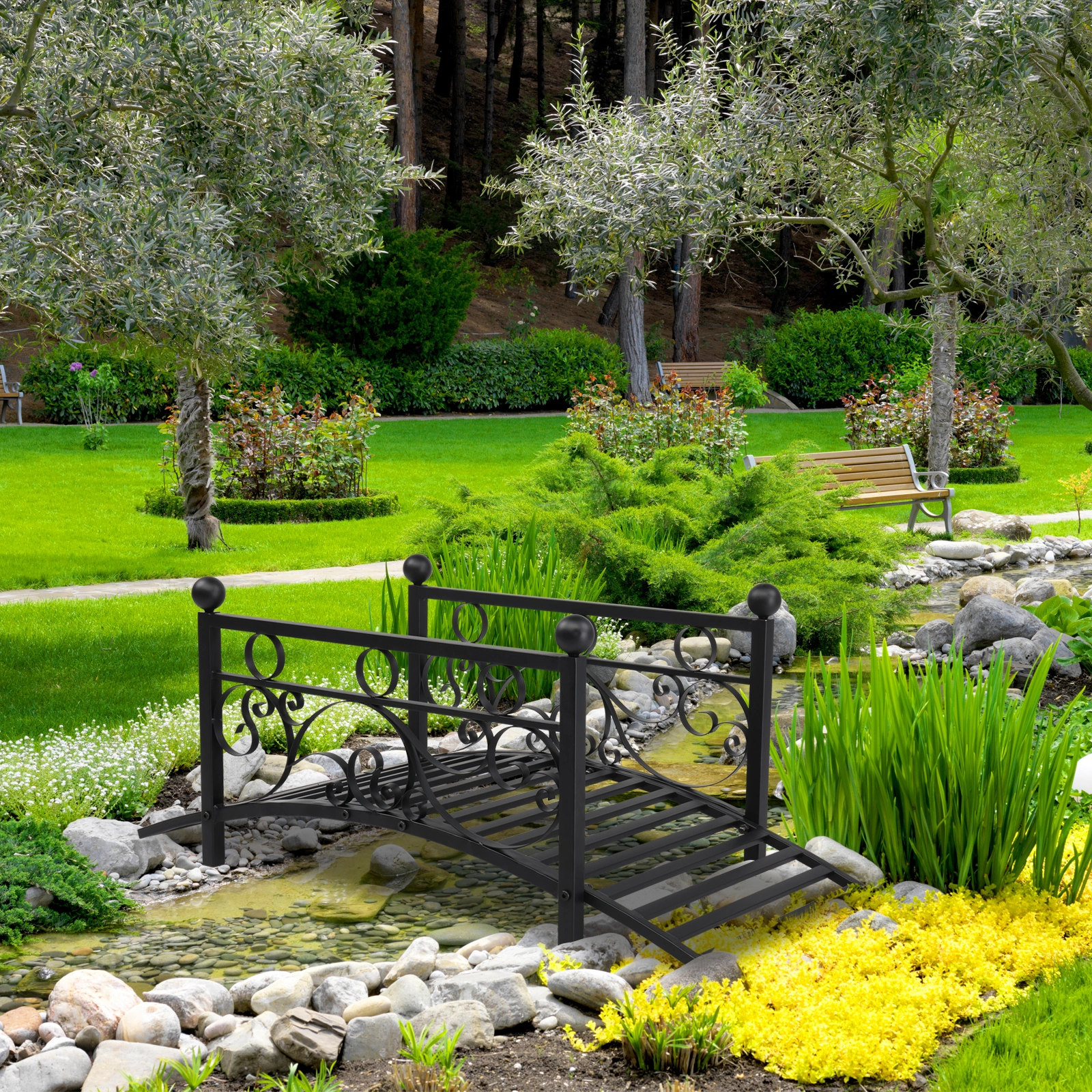 102*51*43cm Garden With Round Iron Ball Flat Top Handrail Garden Iron Bridge Black view 13