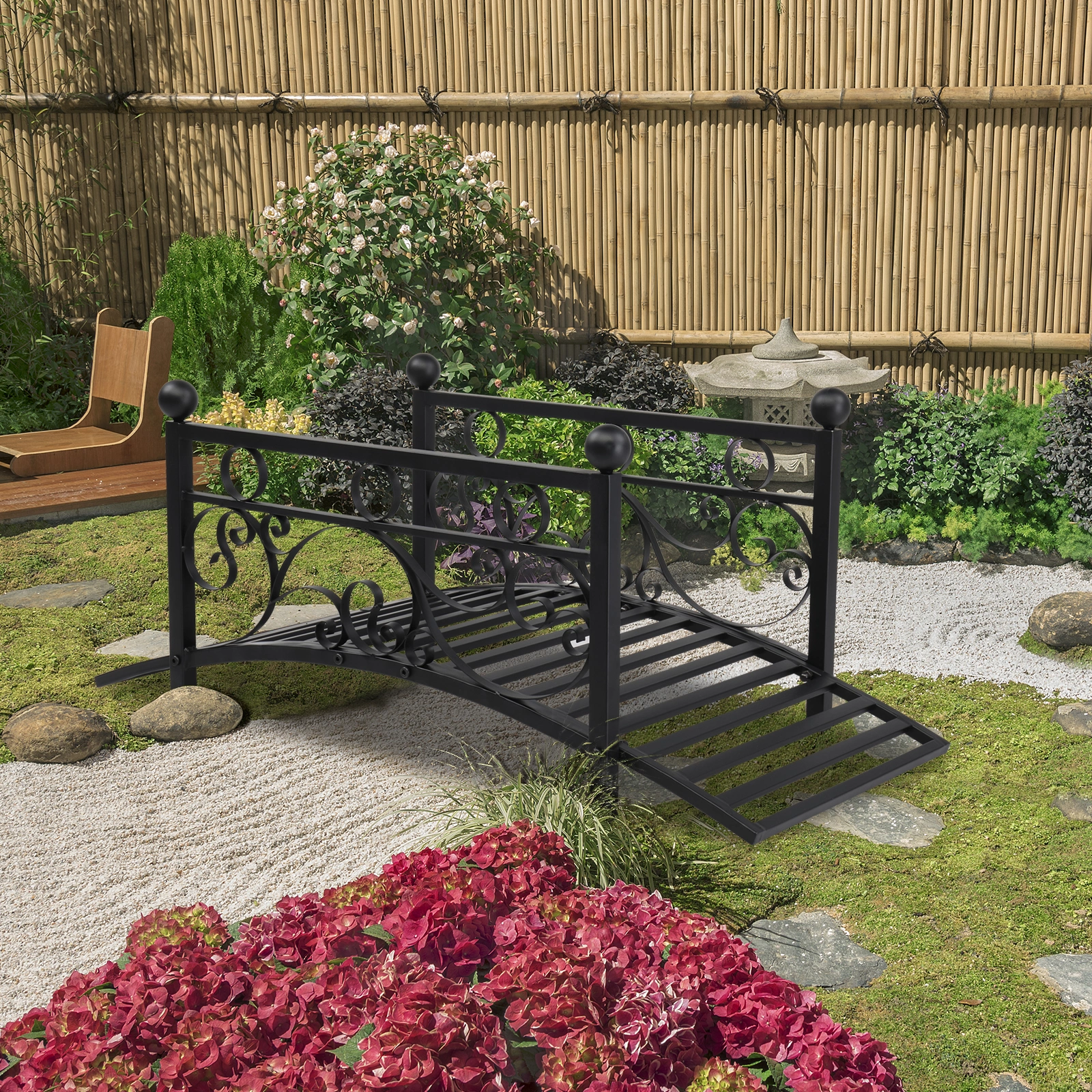102*51*43cm Garden With Round Iron Ball Flat Top Handrail Garden Iron Bridge Black view 14