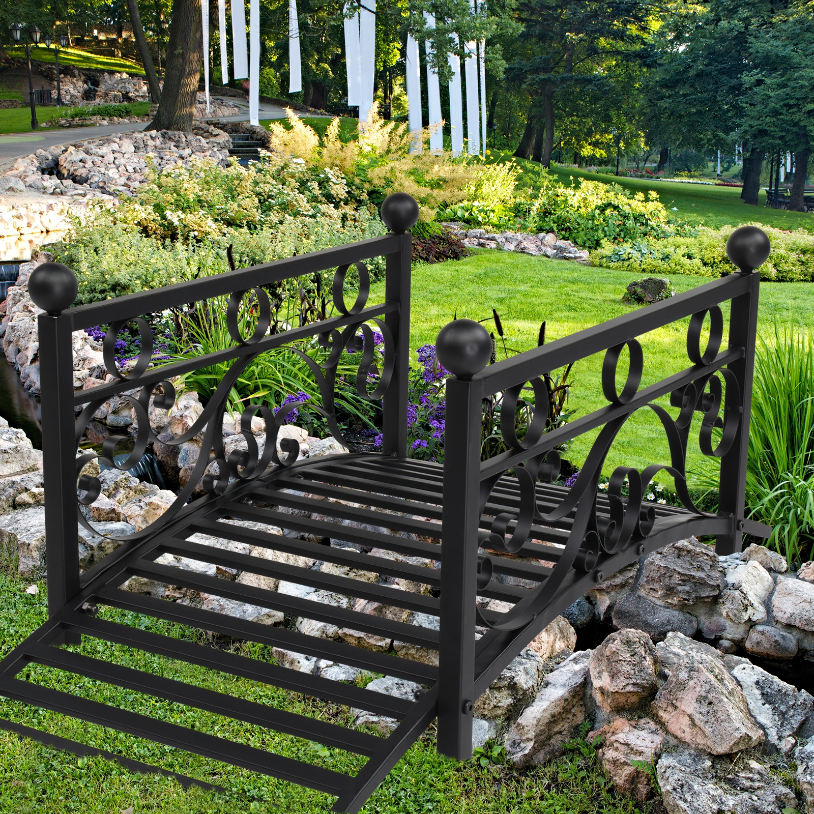 102*51*43cm Garden With Round Iron Ball Flat Top Handrail Garden Iron Bridge Black view 9