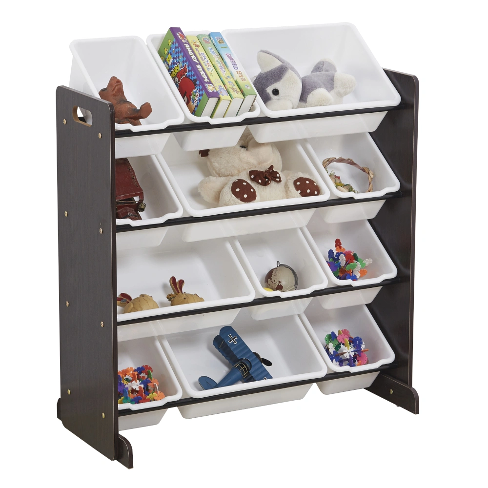 Kids' Toy Storage Organizer with 12 Plastic Bins, Espresso / White view 3