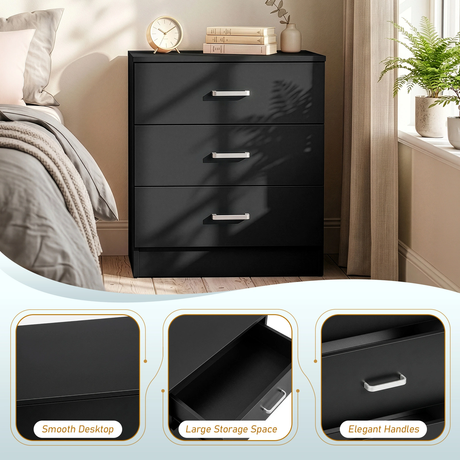 3-Drawer Chest with Textured Finish Drawer Dresser 22.05*12.99*25.98in Black view 7