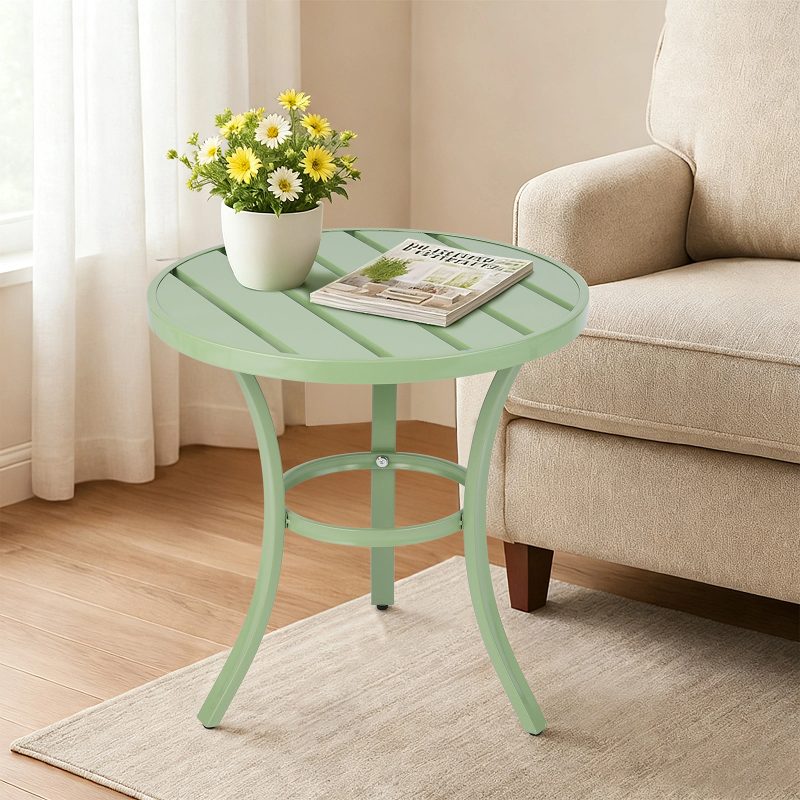 Outdoor Round Side Table, Small Metal Table Patio End Table Coffee Bistro Table for Indoor Outdoor, Light Green view 5