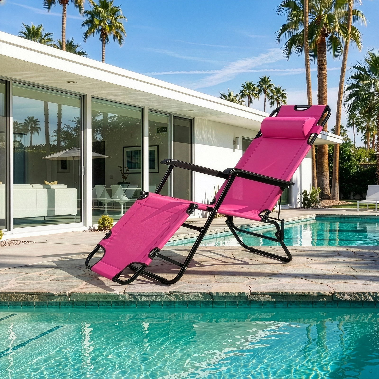 Portable Dual Purposes Extendable Folding Reclining Chair Pink view 11