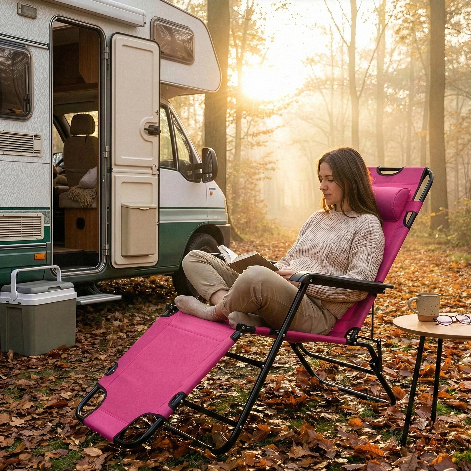 Portable Dual Purposes Extendable Folding Reclining Chair Pink view 7