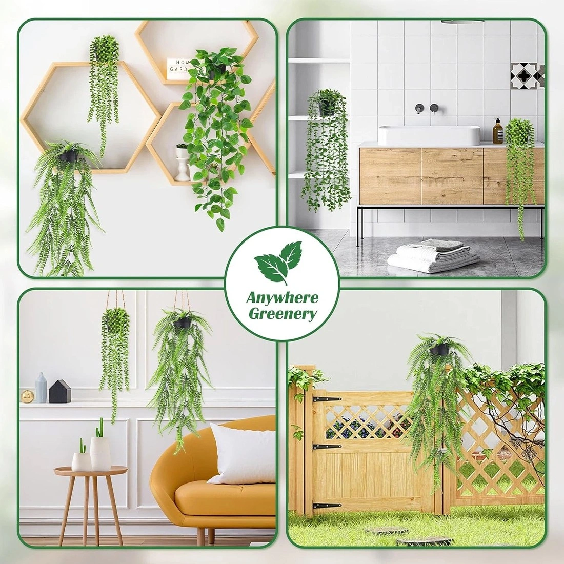 4Pcs Artificial Hanging Plants in Pots Fake Trailing Greenery Indoor Outdoor Home Office Decor