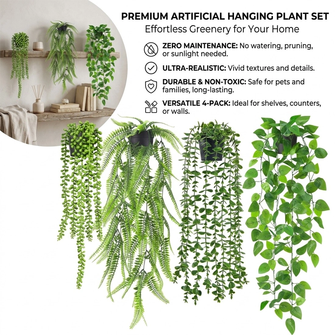 4Pcs Artificial Hanging Plants in Pots Fake Trailing Greenery Indoor Outdoor Home Office Decor view 5