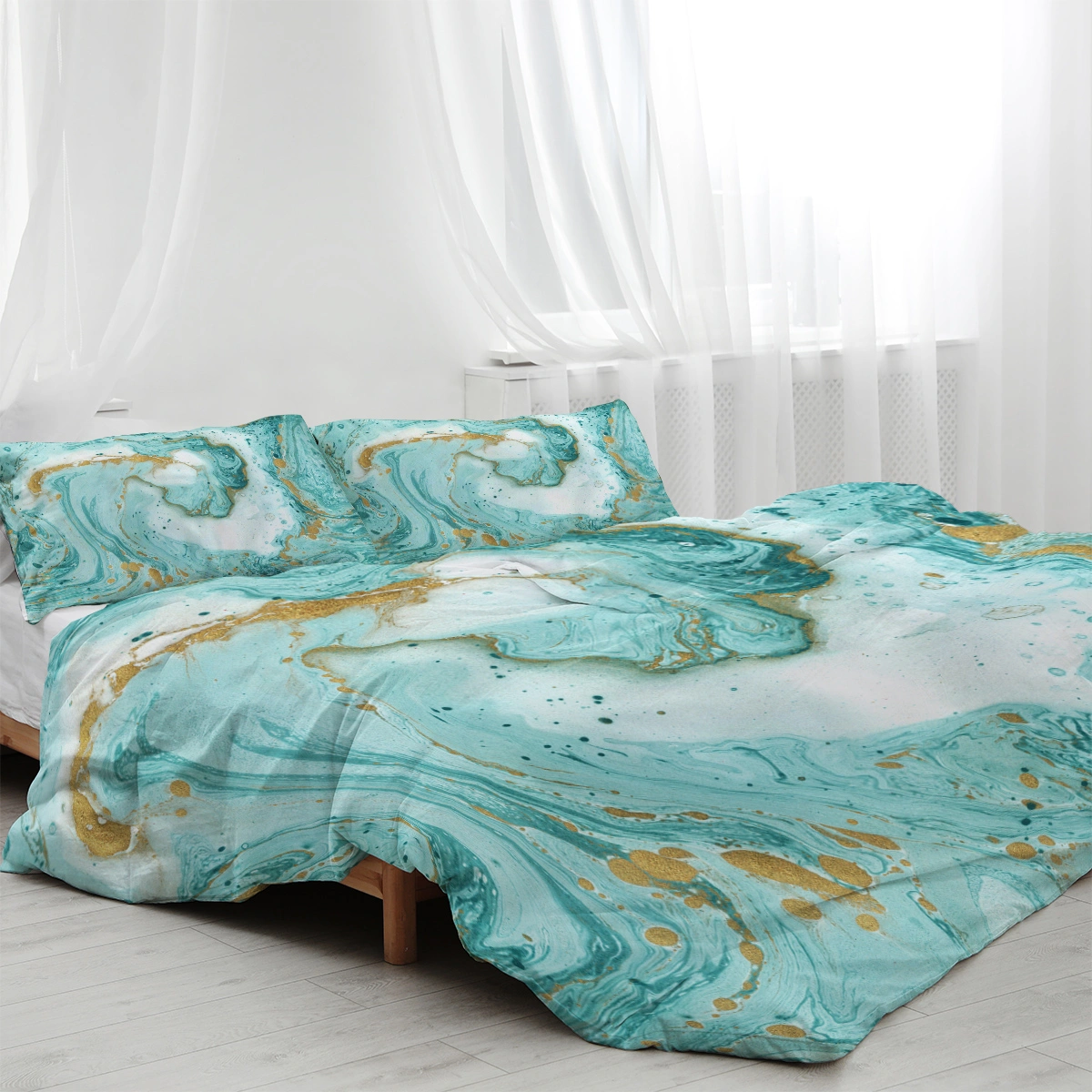 Chic Girly Marble Duvet Cover Single Mint Gold Glitter Turquoise Aqua Teal Blue Abstract Comforter Set view 3