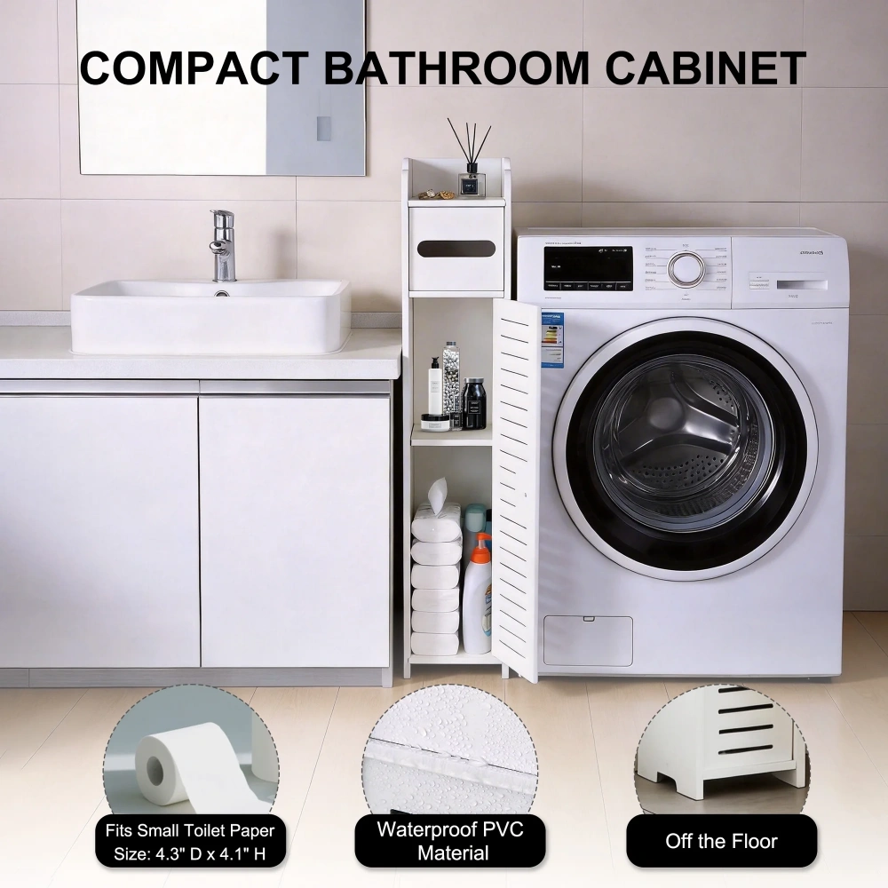 Narrow Bathroom Storage Cabinet, Freestanding Slim Floor Cabinet with Doors & Shelves, Toilet Paper Holder, Space-Saving Organizer for Small Bathrooms view 3