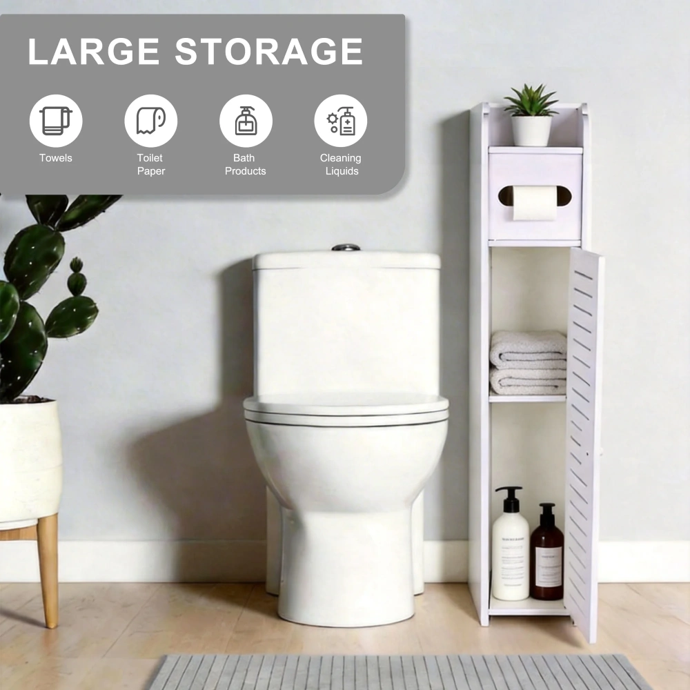 Narrow Bathroom Storage Cabinet, Freestanding Slim Floor Cabinet with Doors & Shelves, Toilet Paper Holder, Space-Saving Organizer for Small Bathrooms view 4