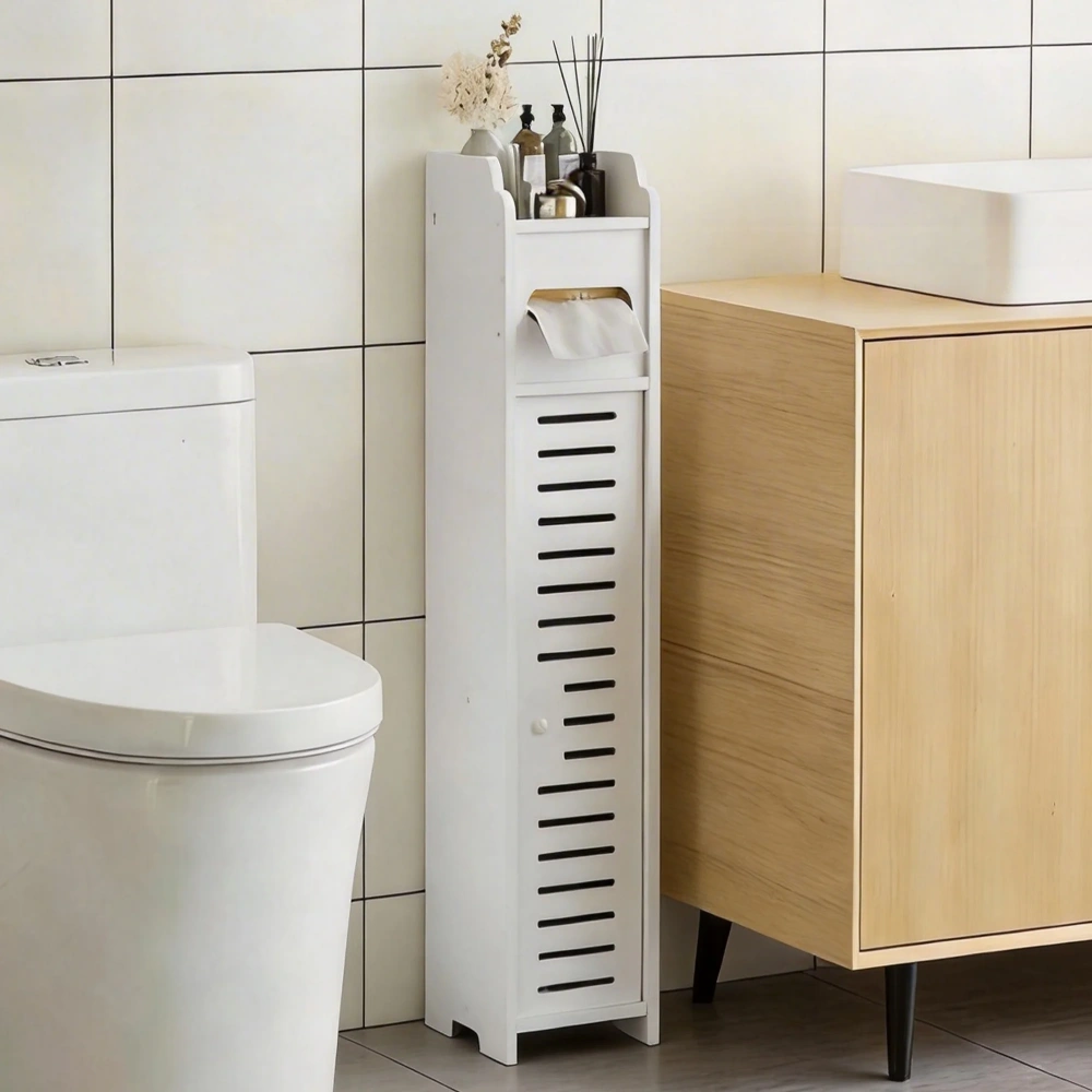 Narrow Bathroom Storage Cabinet, Freestanding Slim Floor Cabinet with Doors & Shelves, Toilet Paper Holder, Space-Saving Organizer for Small Bathrooms view 5