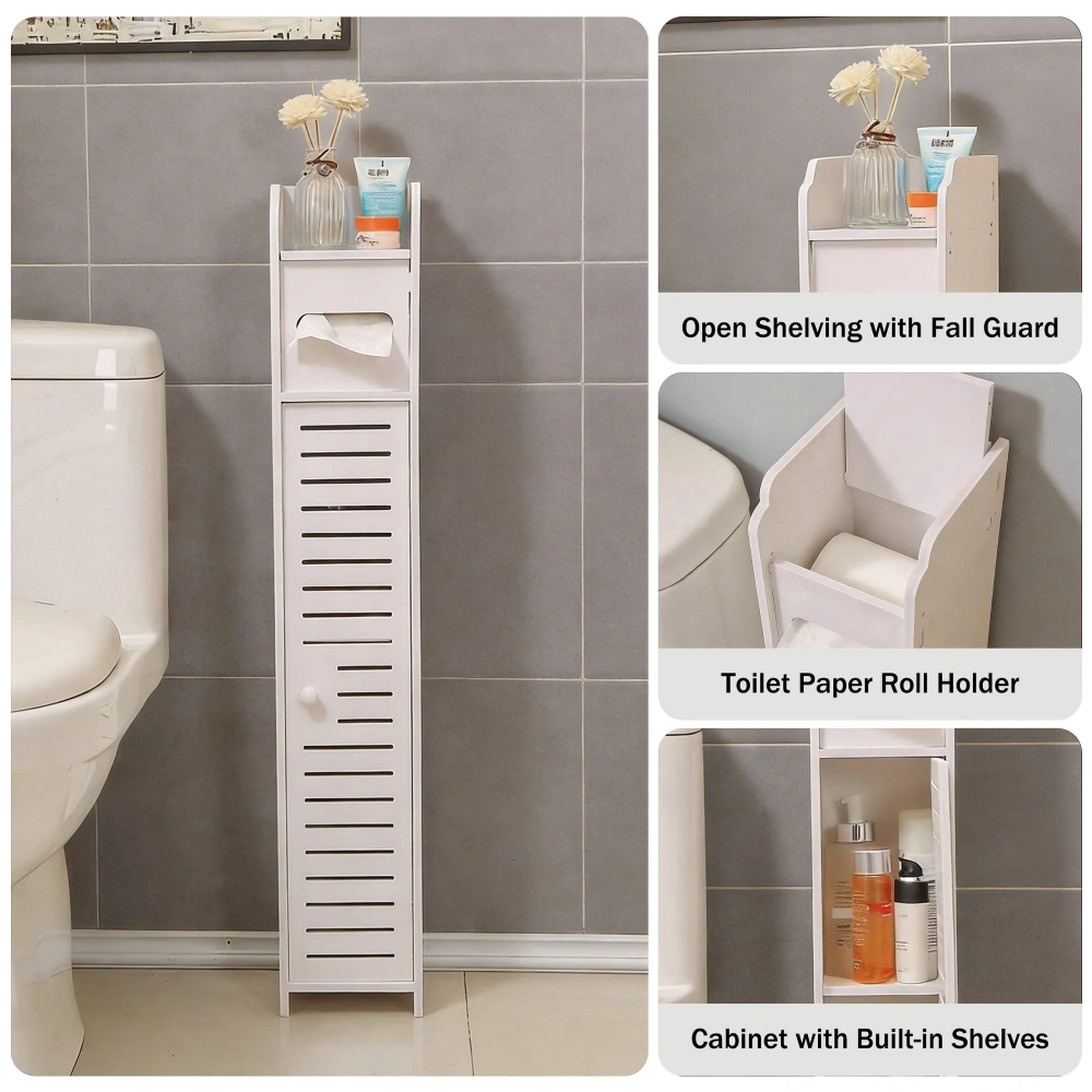 Narrow Bathroom Storage Cabinet, Freestanding Slim Floor Cabinet with Doors & Shelves, Toilet Paper Holder, Space-Saving Organizer for Small Bathrooms view 6