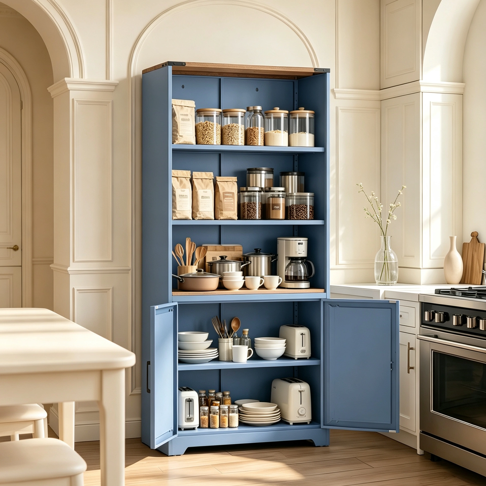 Barn Door 3-Tier Display Case | 69.7 x 31.5 x 15.4 Inches Steel Display Cabinet with Vintage Blue Finish & Contrast Wood Grain