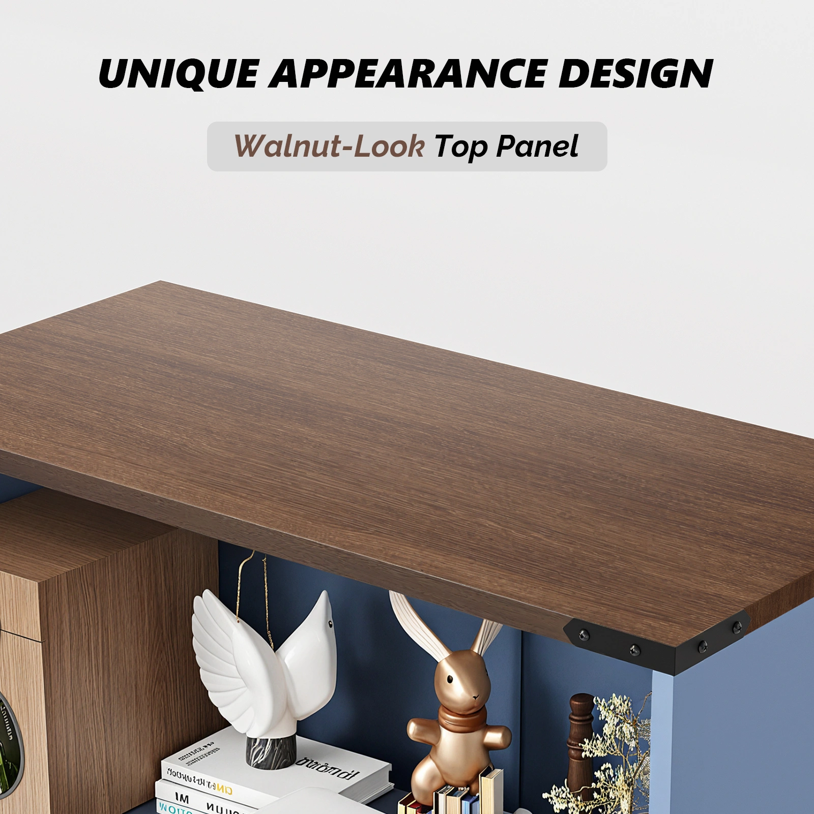 Barn Door 3-Tier Display Case | 69.7 x 31.5 x 15.4 Inches Steel Display Cabinet with Vintage Blue Finish & Contrast Wood Grain view 2