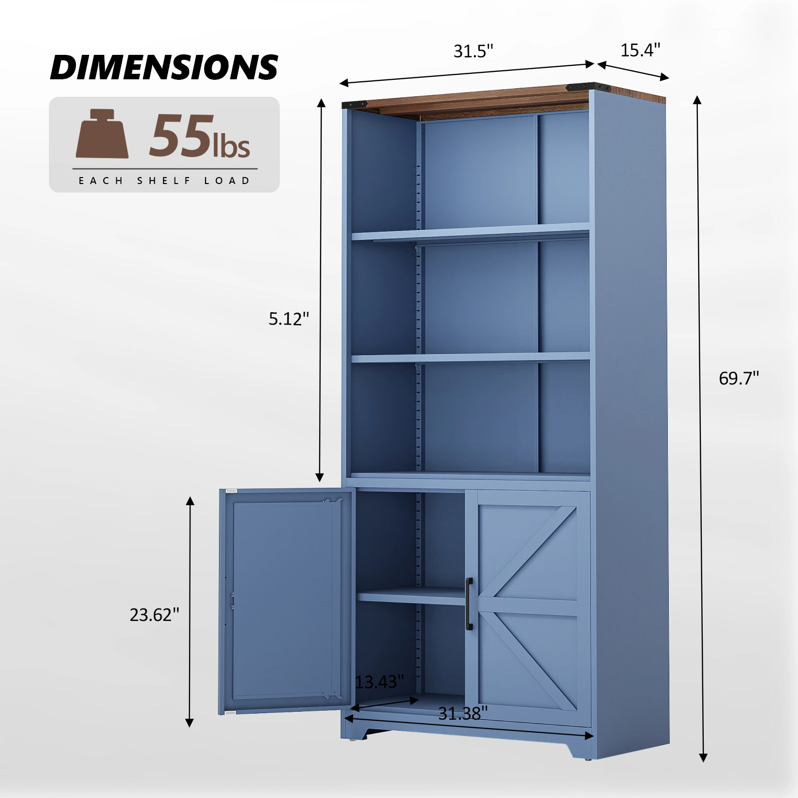 Barn Door 3-Tier Display Case | 69.7 x 31.5 x 15.4 Inches Steel Display Cabinet with Vintage Blue Finish & Contrast Wood Grain view 3