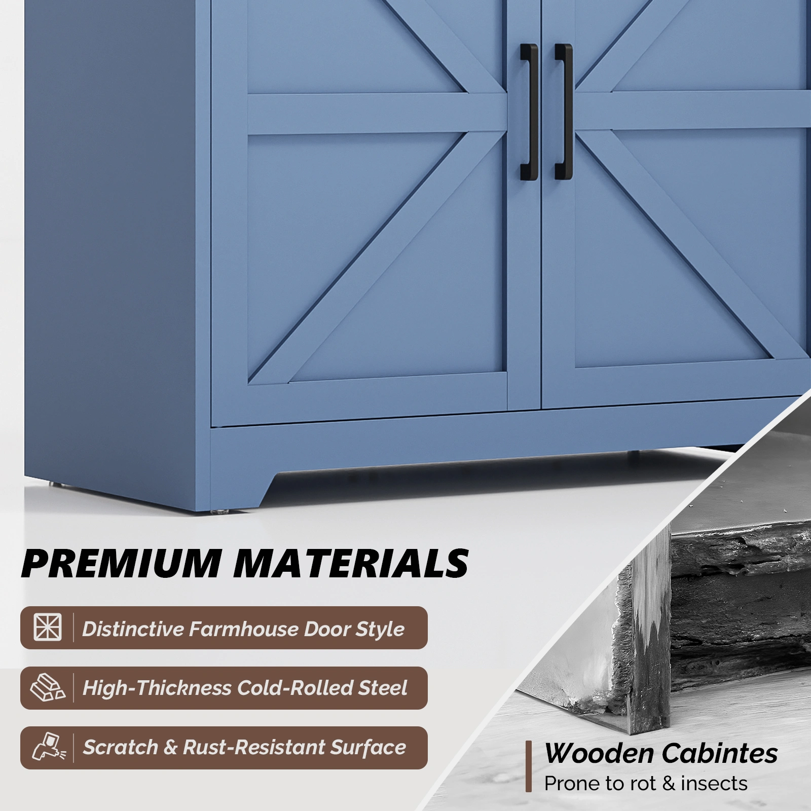 Barn Door 3-Tier Display Case | 69.7 x 31.5 x 15.4 Inches Steel Display Cabinet with Vintage Blue Finish & Contrast Wood Grain view 6