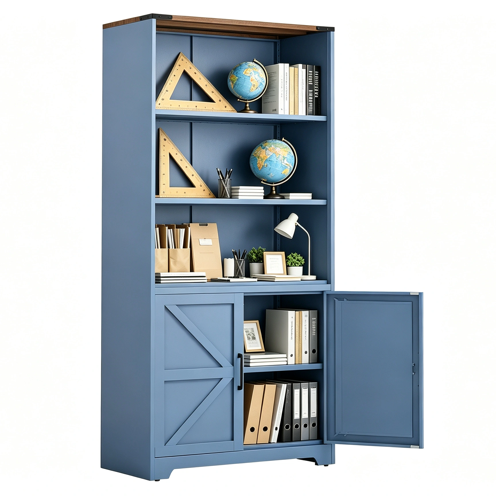 Barn Door 3-Tier Display Case | 69.7 x 31.5 x 15.4 Inches Steel Display Cabinet with Vintage Blue Finish & Contrast Wood Grain view 7