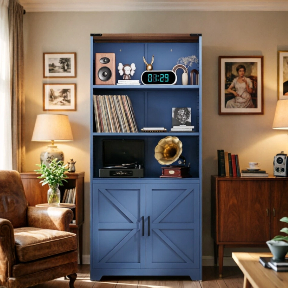 Barn Door 3-Tier Display Case | 69.7 x 31.5 x 15.4 Inches Steel Display Cabinet with Vintage Blue Finish & Contrast Wood Grain view 8