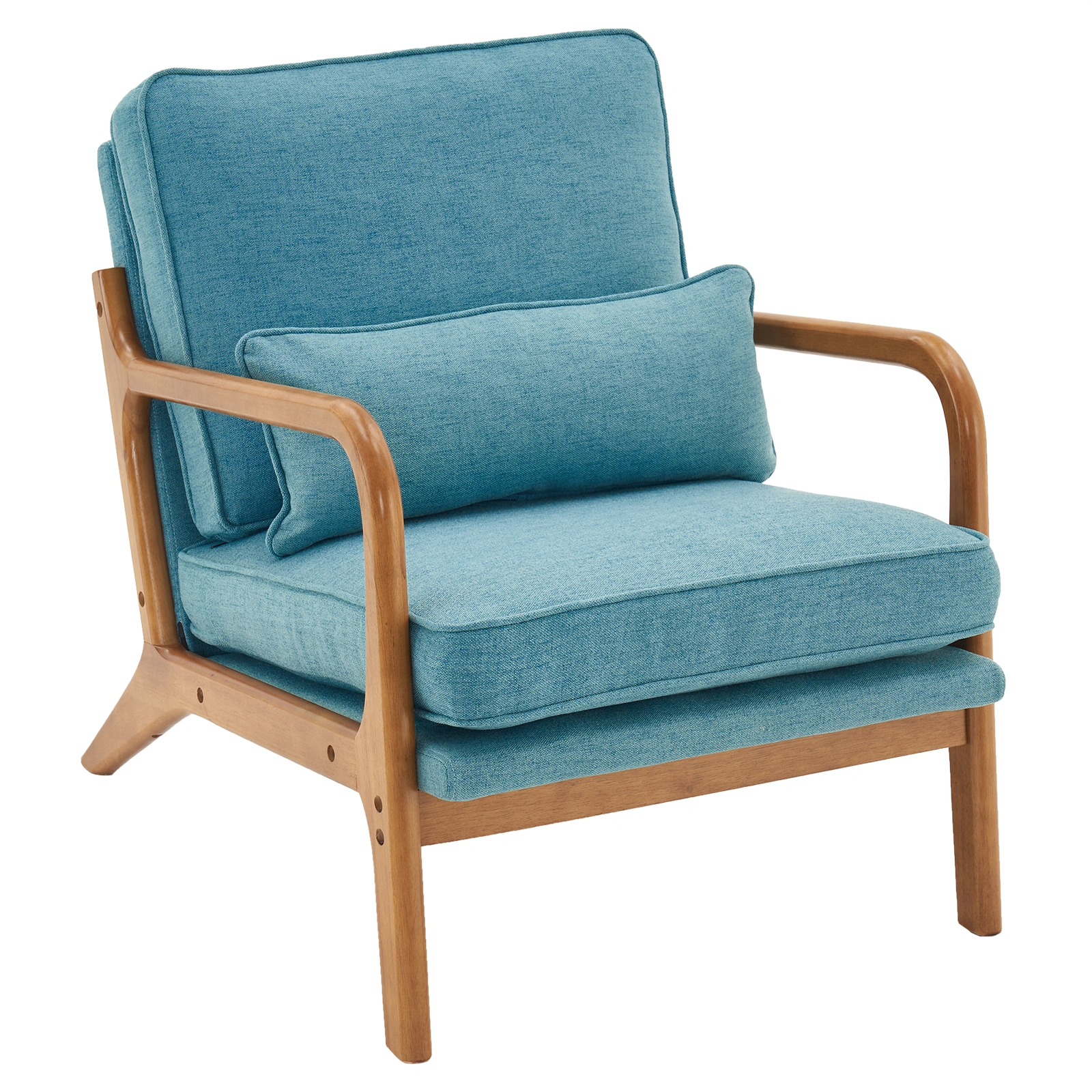 Teal Oak Armchair with Cushioned Seat and Wooden Arms, Mid-Century Indoor Lounge Chair with Upholstered Backrest and Comfortable Seating
