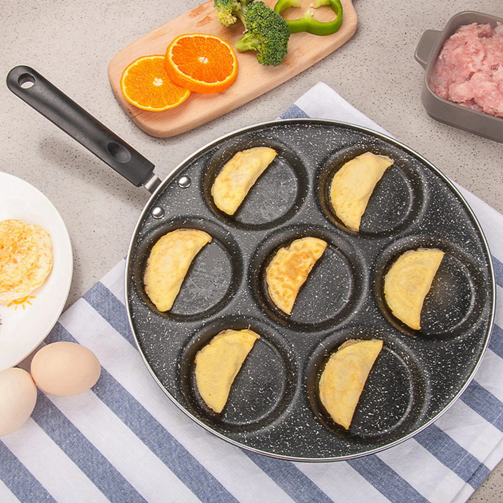 7 Hole Non Stick Frying Pan - Egg Cooker Mold & Burger Grill Pan, Household Kitchen Cookware for Fried Eggs view 5