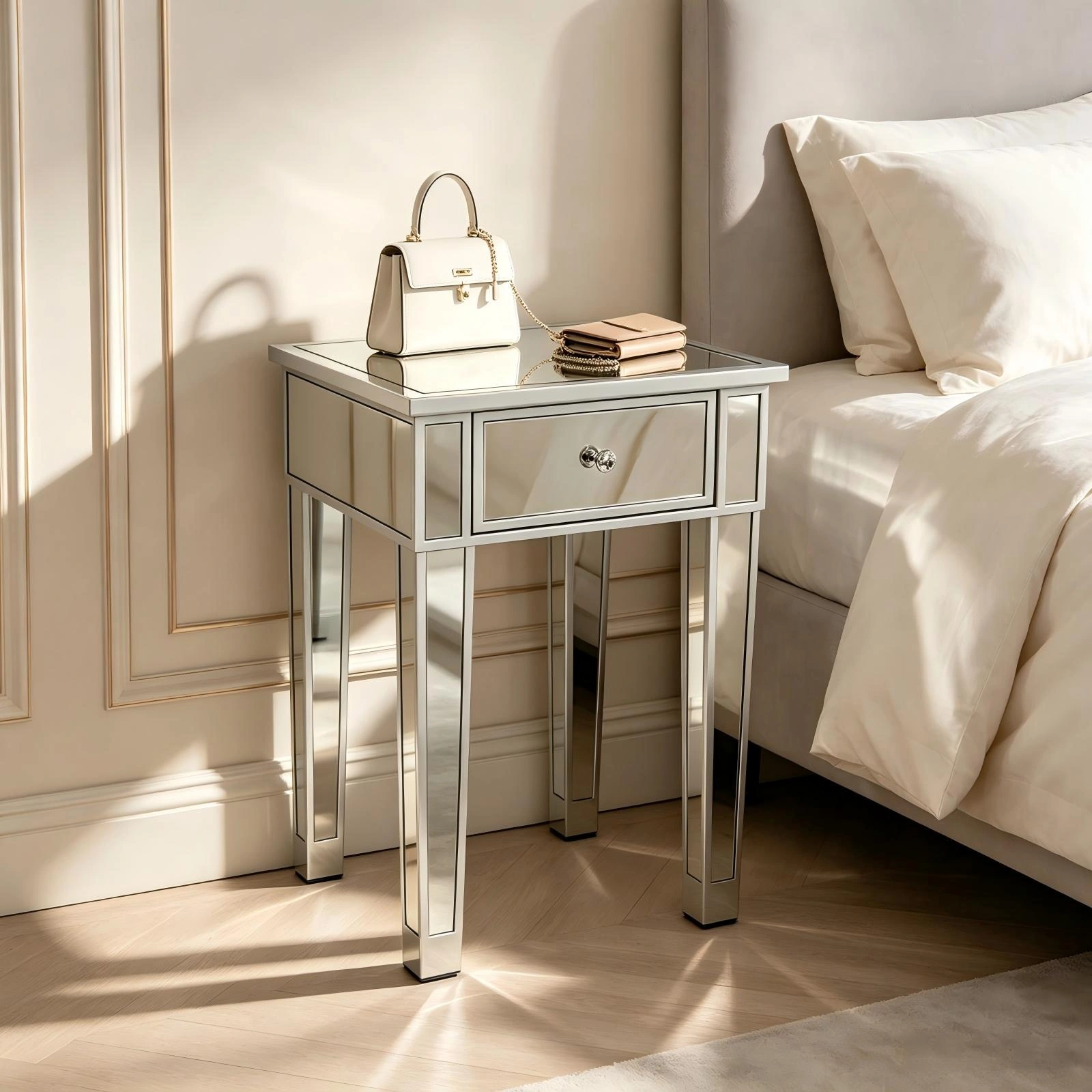 Silver Mirrored Bedside Table 1 Drawer, MDF Nightstand 15.75x15.75 view 3
