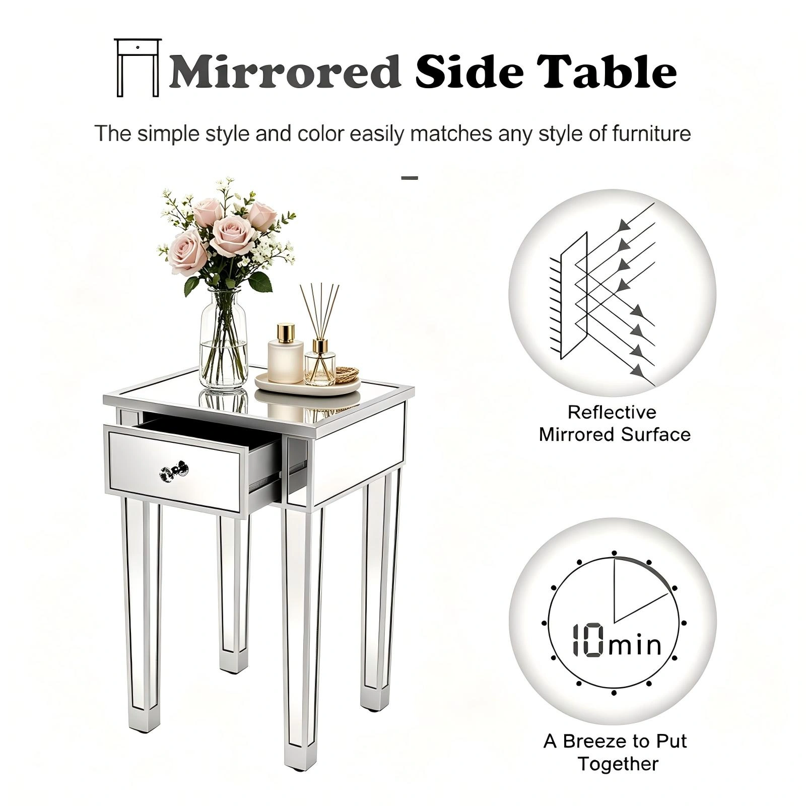 Silver Mirrored Bedside Table 1 Drawer, MDF Nightstand 15.75x15.75 view 6