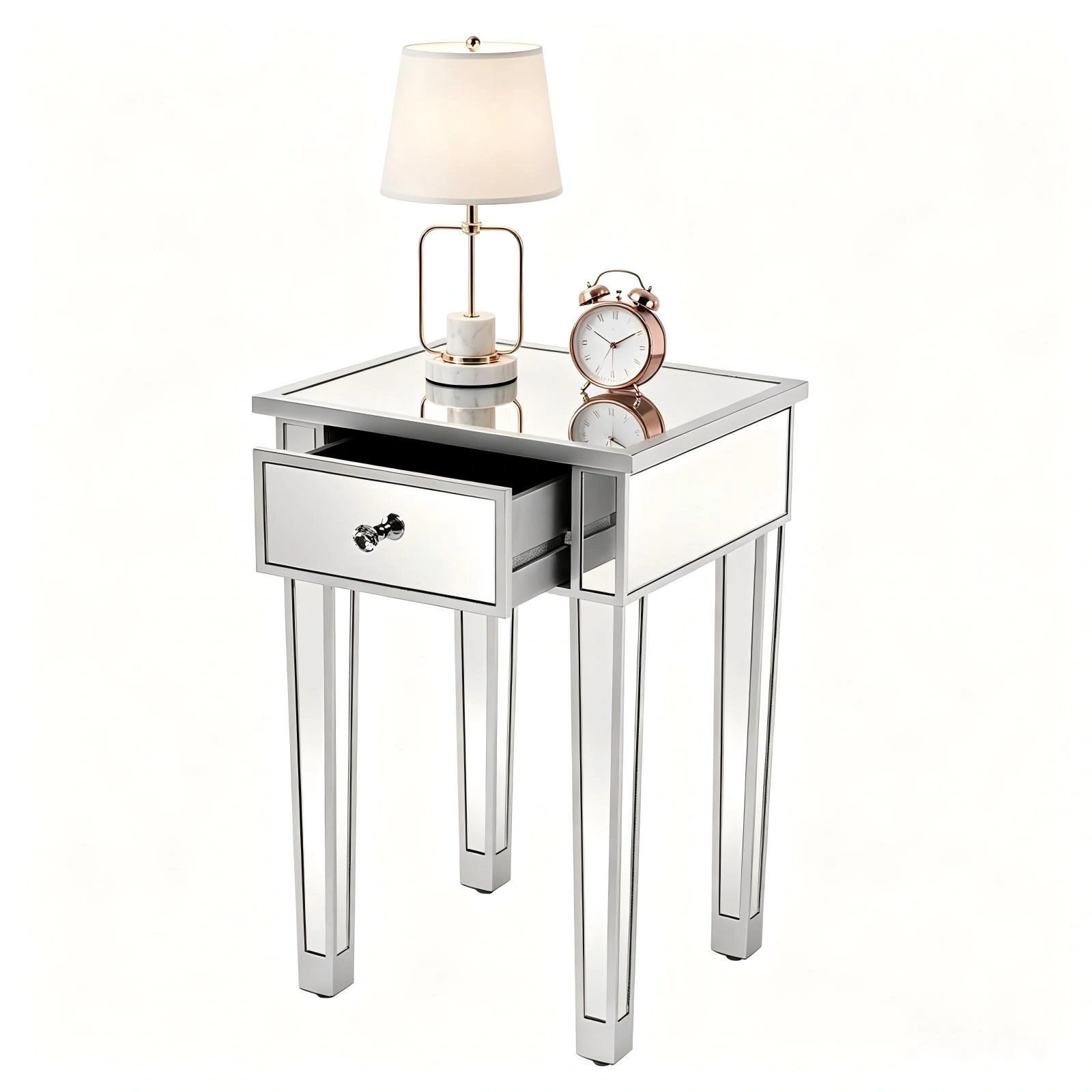Silver Mirrored Bedside Table 1 Drawer, MDF Nightstand 15.75x15.75 view 9