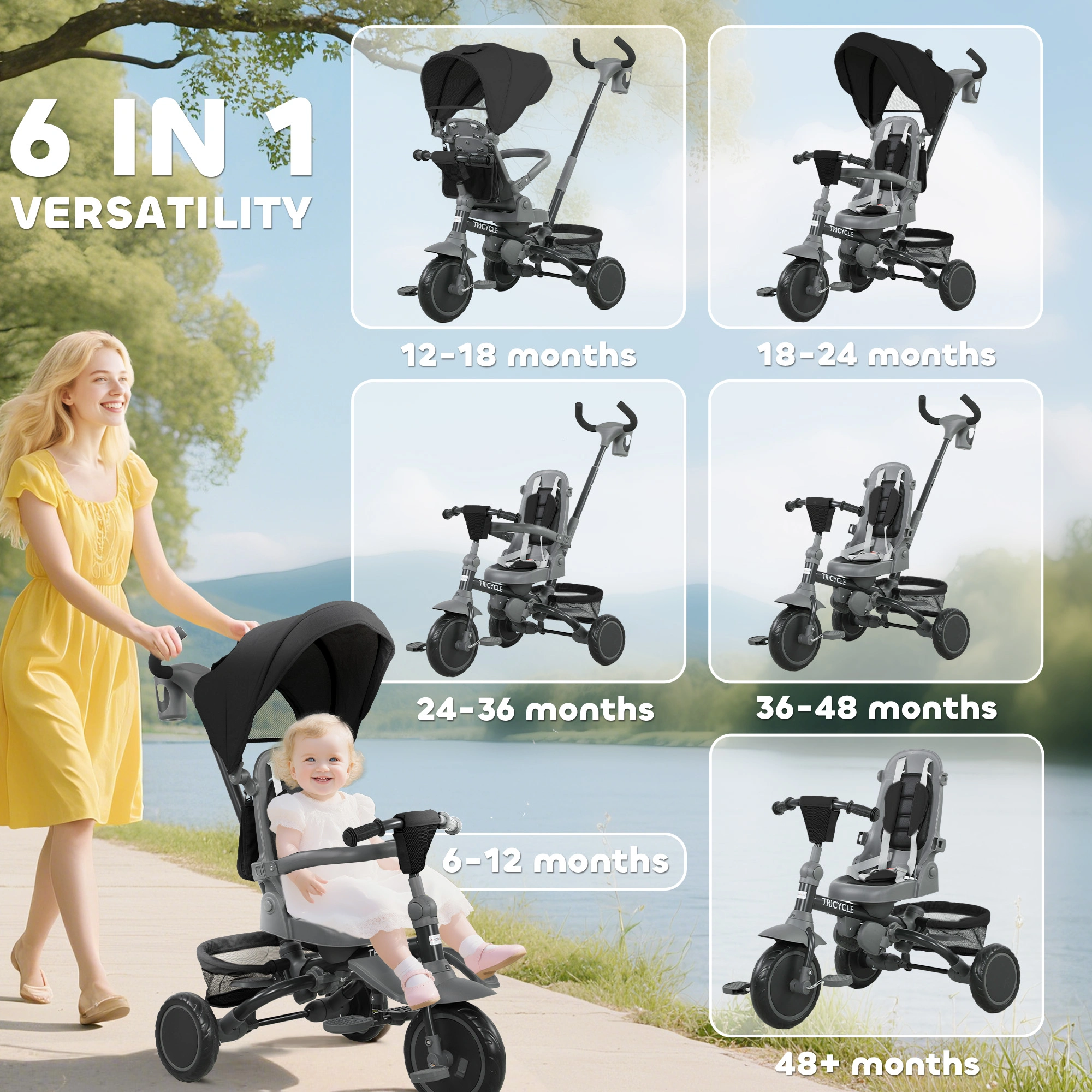 Kids Trike for Toddlers with Adjustable Backrest, 3-Wheel Balance Bike Rider Scooter view 5