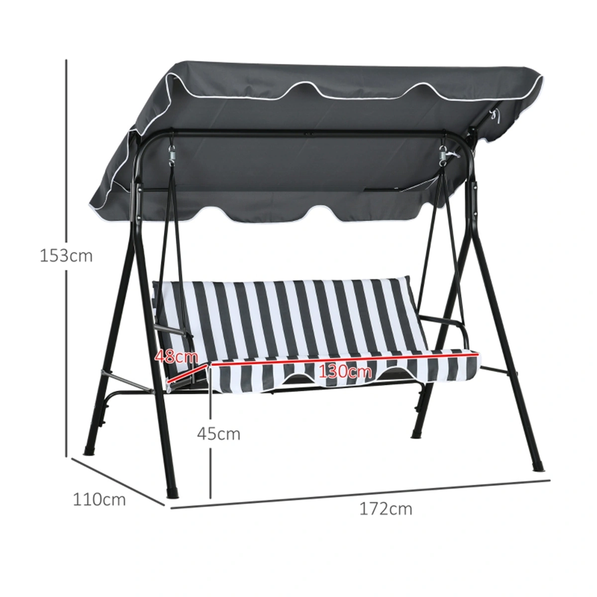 Outdoor Hanging Swing Chair with 3 Cushions, Porch Pendant Chair for Patio Deck Balcony - Grey Stripe view 2